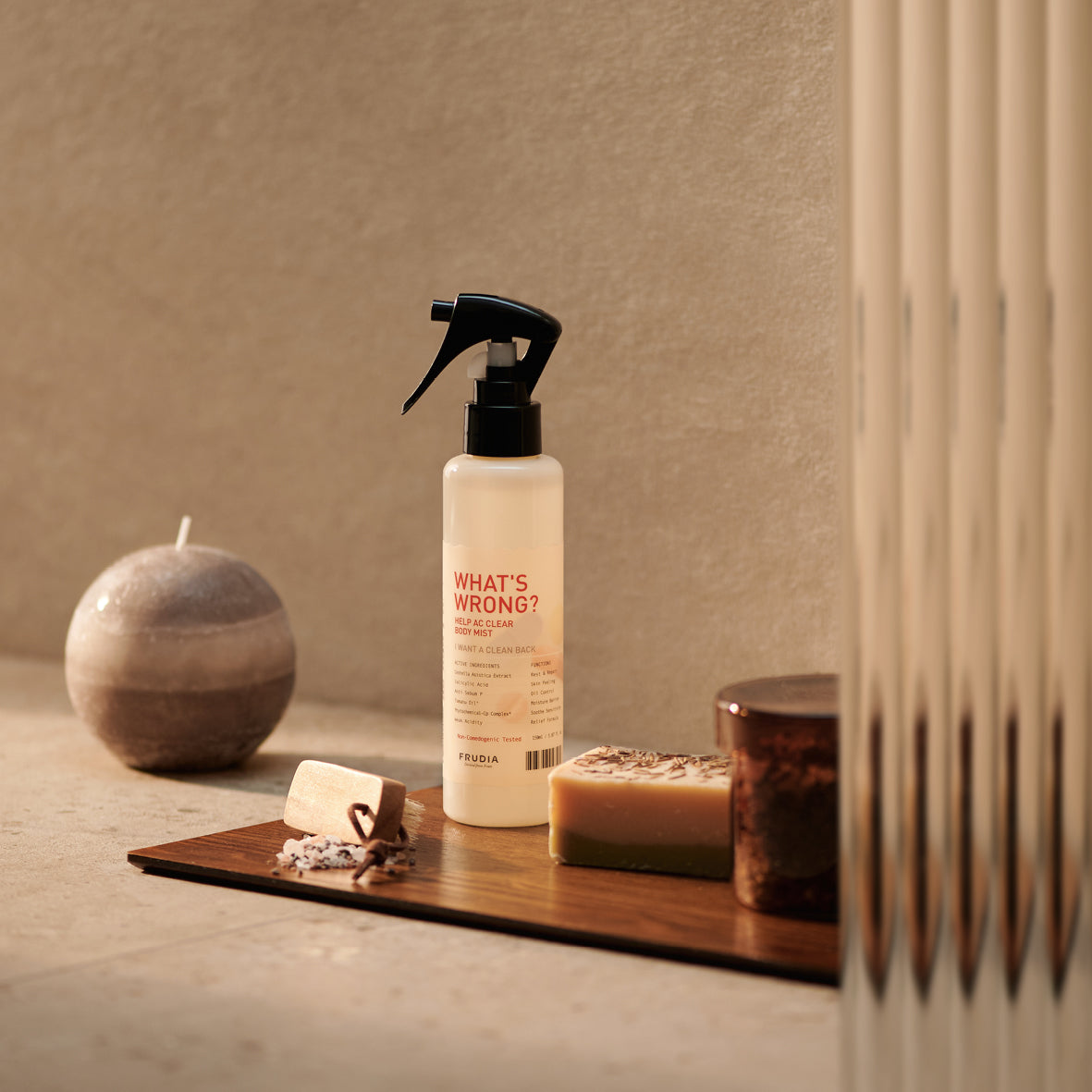 Frudia What's Wrong Help AC Clear Body Mist 150ml, a refreshing body lotion with soothing ingredients in a spray bottle.