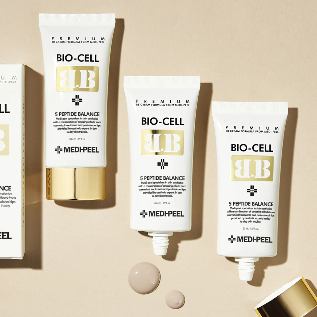 Medipeel+ Bio-Cell BB Cream in a 50ml tube, showing smooth, even skin tone on model's face with natural lighting