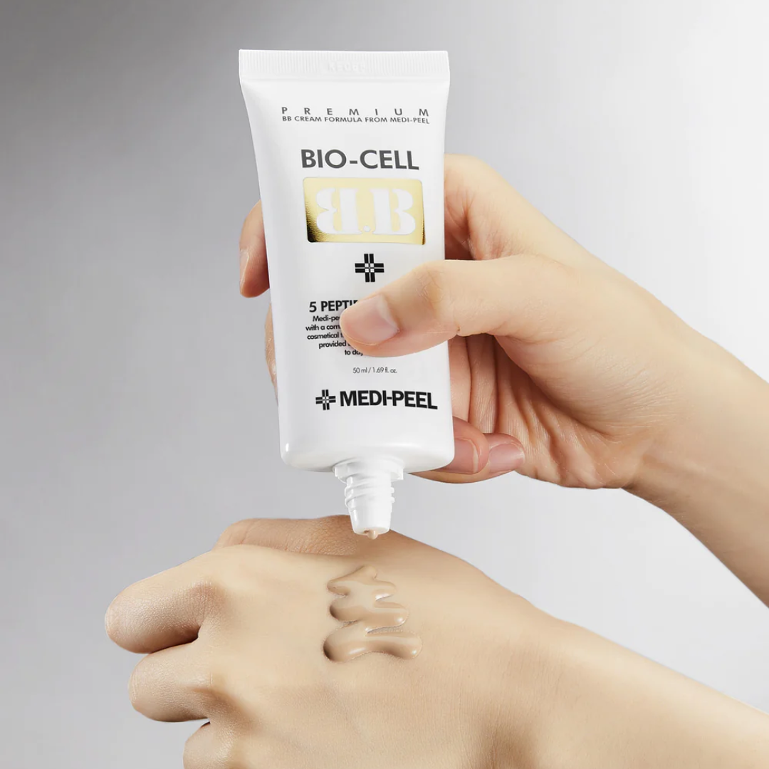 MEDIPEEL+ Bio-Cell BB Cream 50ml tube showing smooth, even-toned cream for skincare and complexion enhancement.