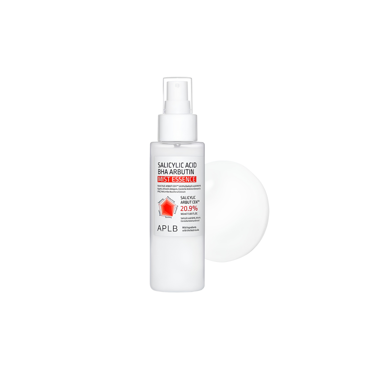APLB Salicylic Acid BHA Arbutin Face Mist Essence in 105ml bottle showing clear liquid and spray nozzle.