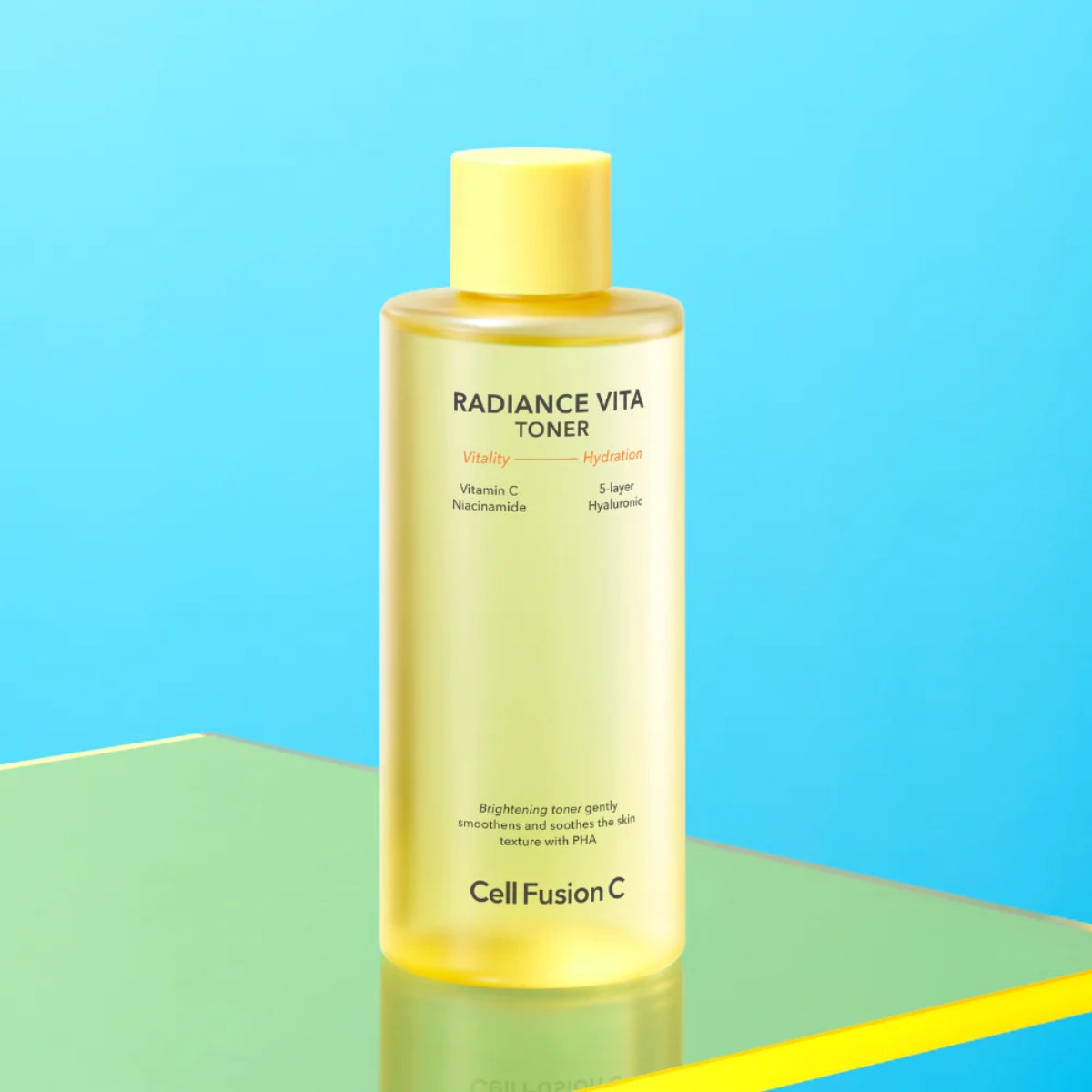 Cell Fusion C Radiance Vita Toner 300ml bottle, clear liquid skincare toner for brightening and revitalizing skin.