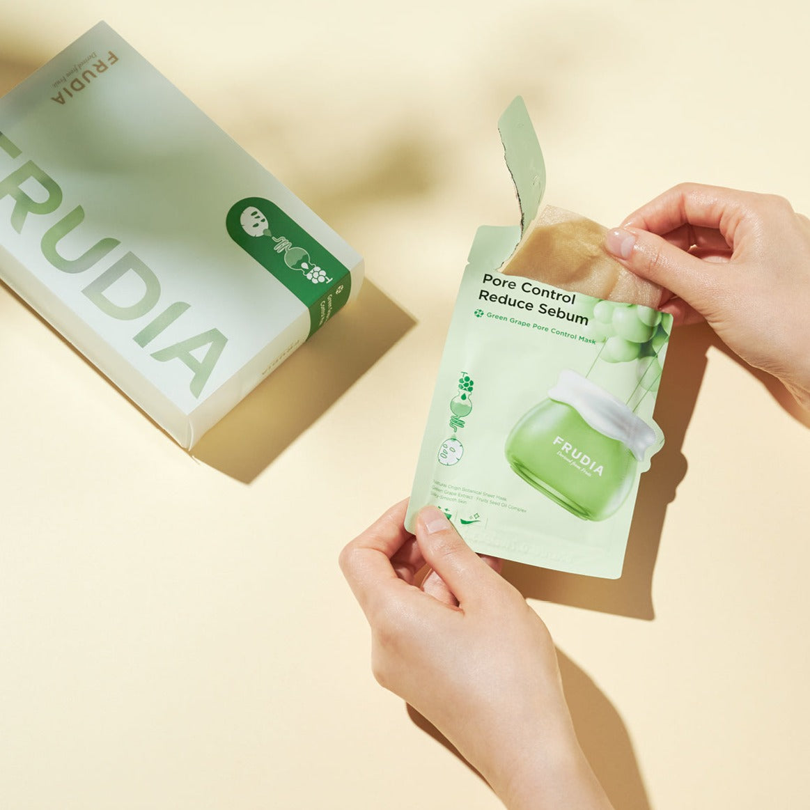 Frudia Green Grape Pore Control Sheet Mask showing the sheet mask with green grape extract for pore care.