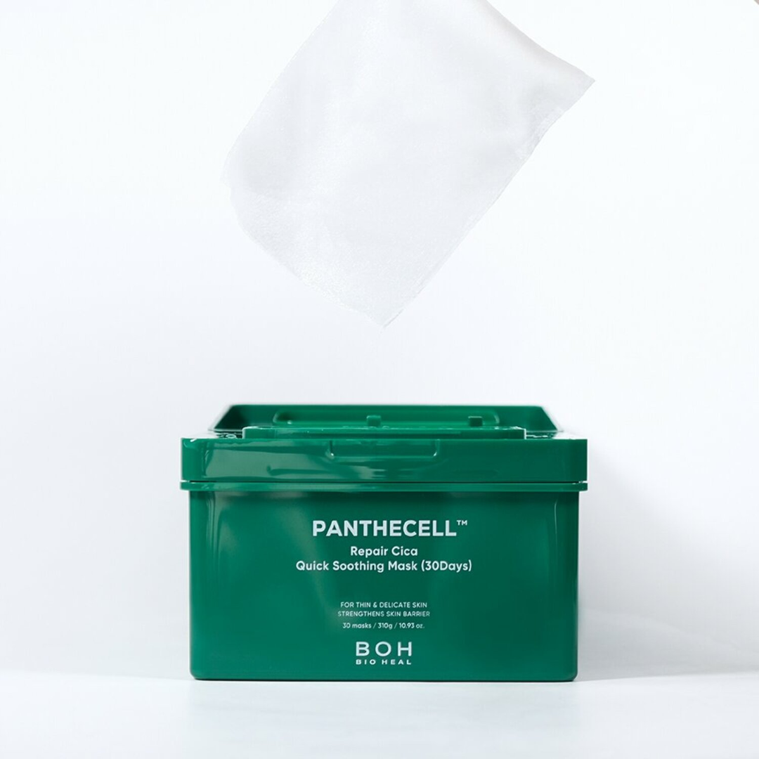 Bioheal BOH Panthecell Repair Cica sheet mask pack with 30 soothing, hydrating sheet masks for skin recovery and calming.