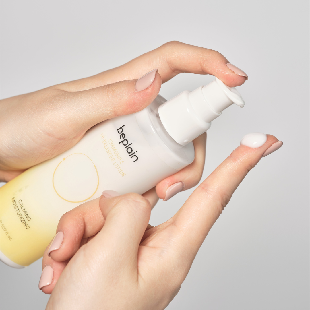 Beplain Chamomile pH-Balanced Face Moisturizer in 150ml bottle, featuring a light, soothing lotion for sensitive skin.