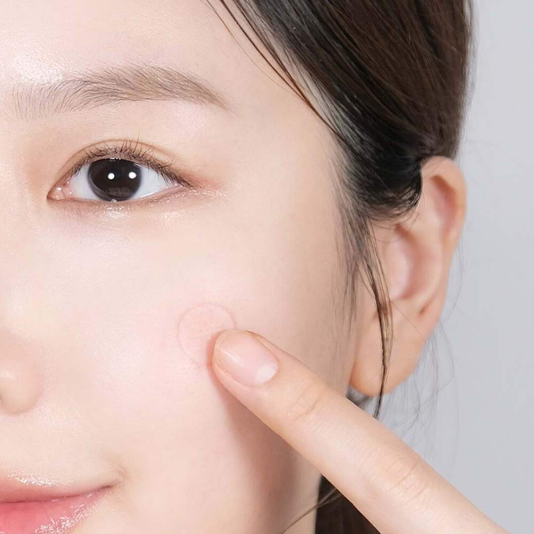 Bioheal BOH Panthecell Repair Cica Micro Spot Patch on skin, showing small, clear patches designed for targeted skin repair.