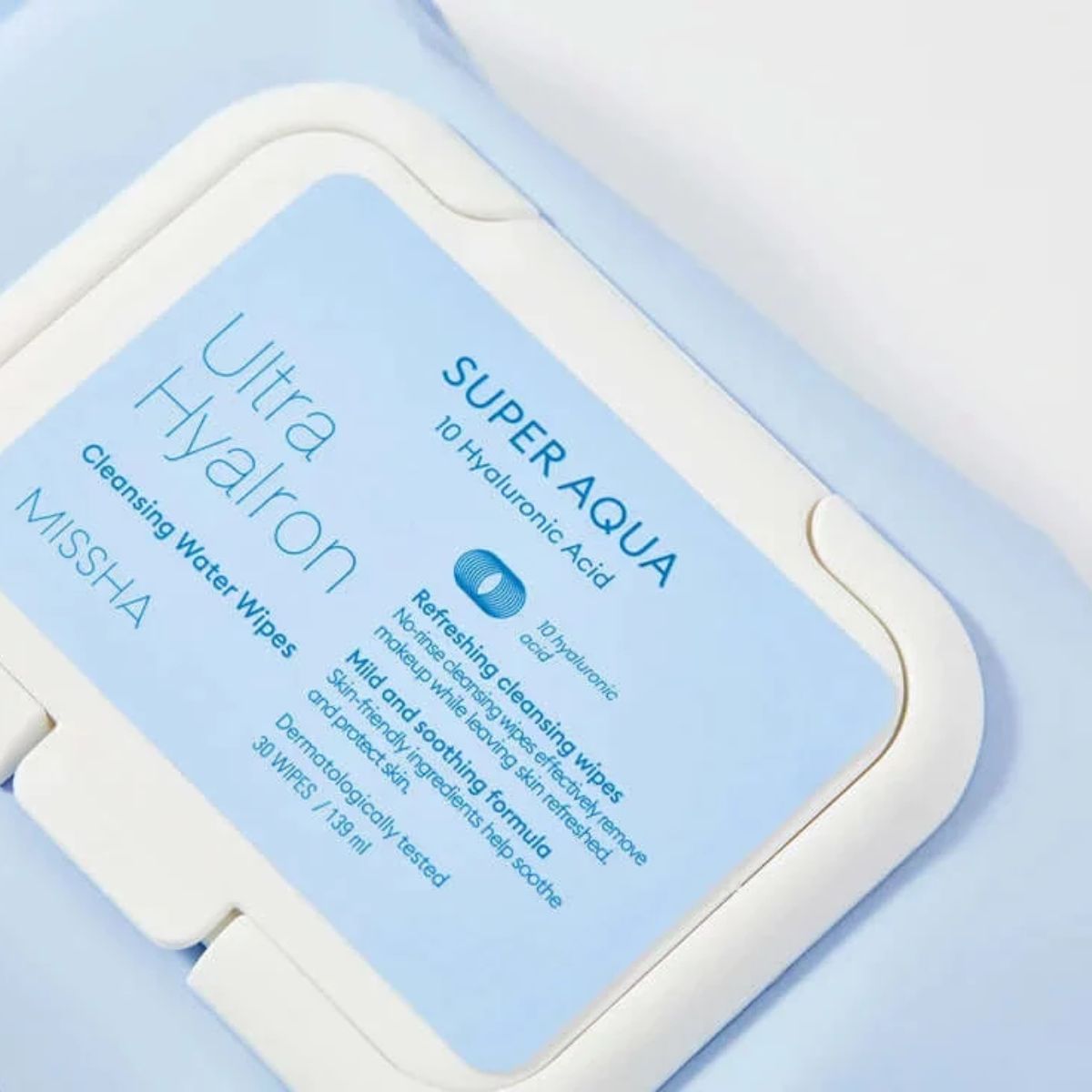 Missha Super Aqua Ultra Hyalron cleansing tissue wipes, 30 sheets, soft and gentle facial cleansing wipes with hydrating formula.