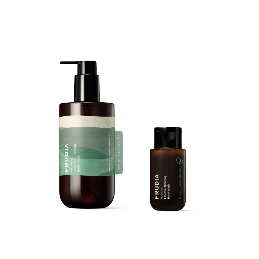 Frudia Re:proust Essential Blending Body Wash Greenery Mini 50ml bottle with green label and white cap, displayed on a white background.
