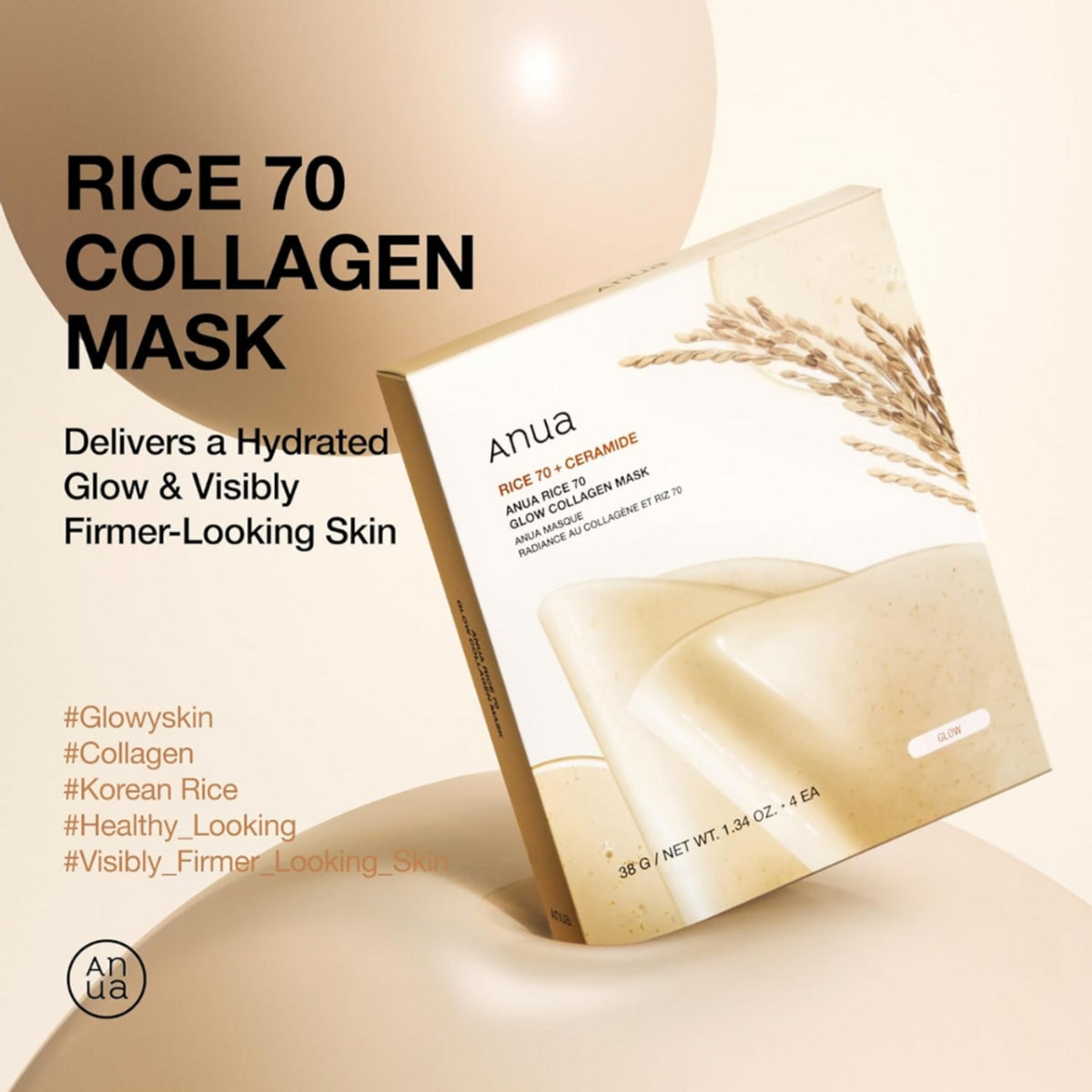 Anua Rice 70 Glow Collagen Sheet Mask box with four collagen-infused sheet masks for radiant skin care.