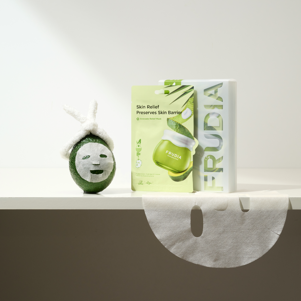 Frudia Avocado Relief Cream Mask sheet masks in a box, featuring nourishing avocado extract for soothing skin care.