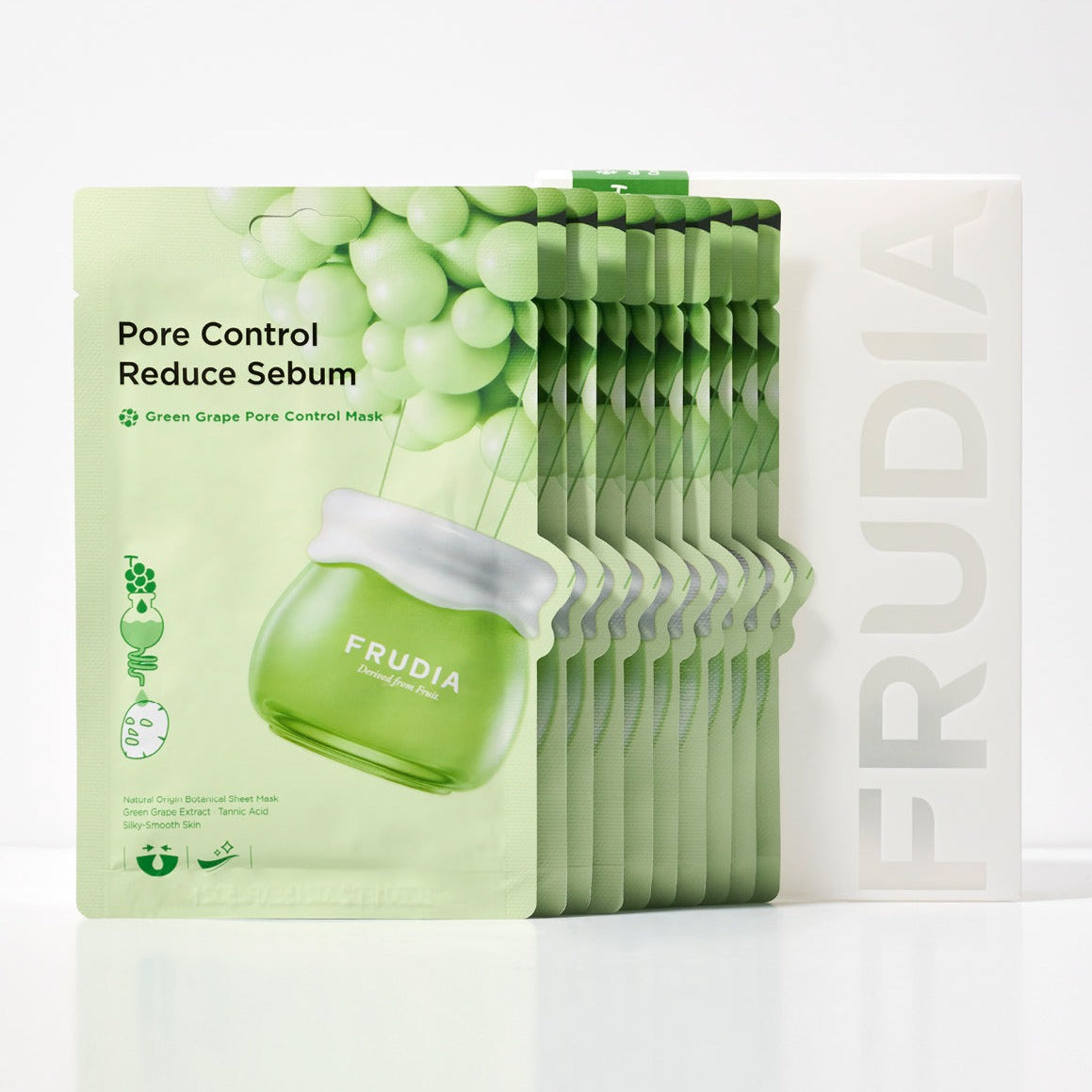 Frudia Green Grape Pore Control Sheet Mask spread out on a surface, showcasing its green grape design and packaging.