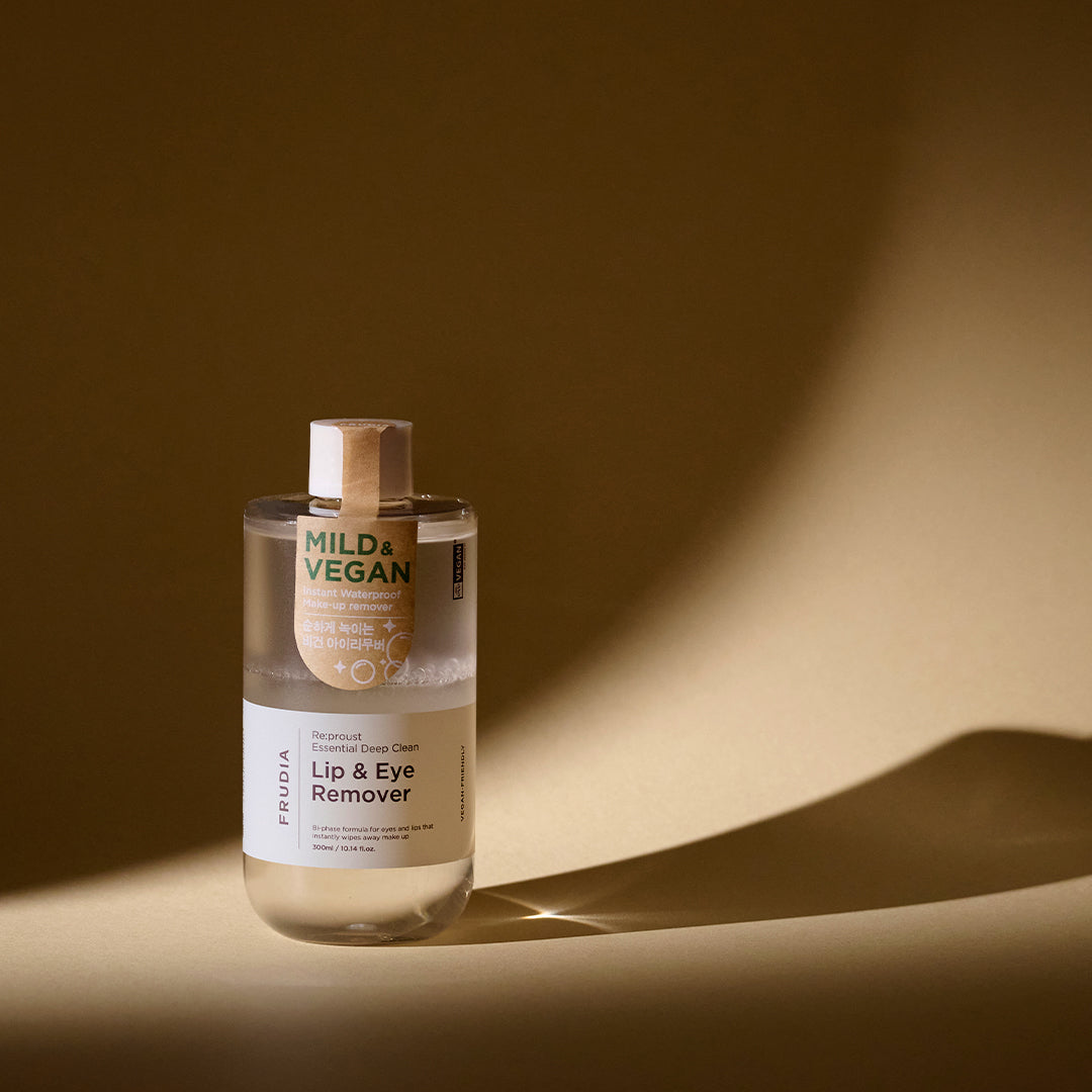 Frudia Re:proust Essential Deep Clean Lip and Eye Makeup Remover in a 300ml bottle, gentle formula for sensitive skin.