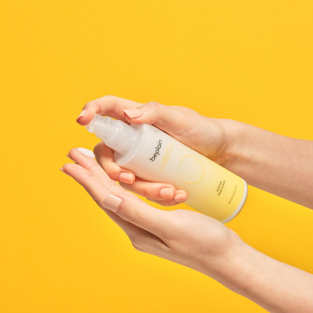 Beplain Chamomile pH-Balanced Face Moisturizer in 150ml bottle, showing creamy lotion texture and soothing chamomile ingredients.