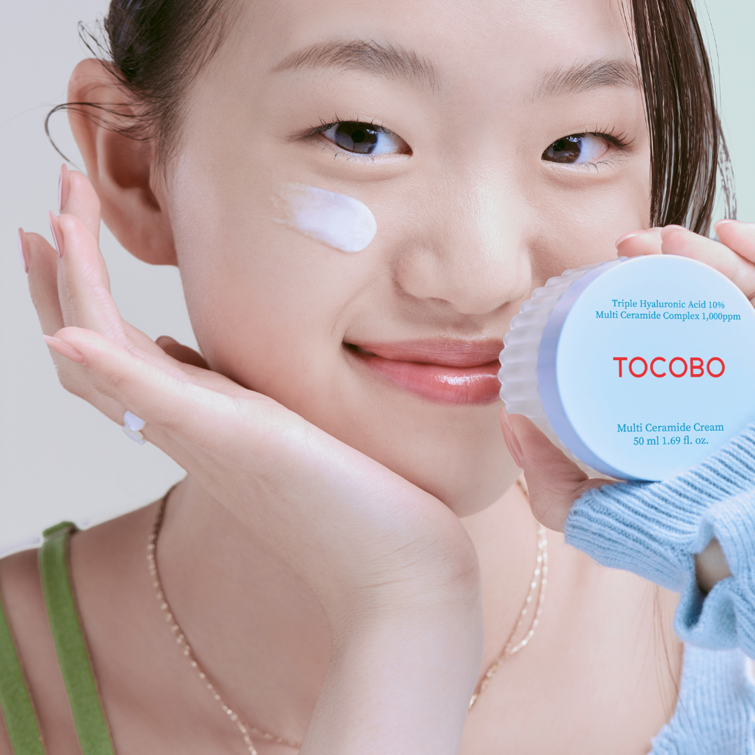 TOCOBO Multi Ceramide Cream 50ml face moisturizer jar with white lid and smooth cream inside, ideal for nourishing skin.