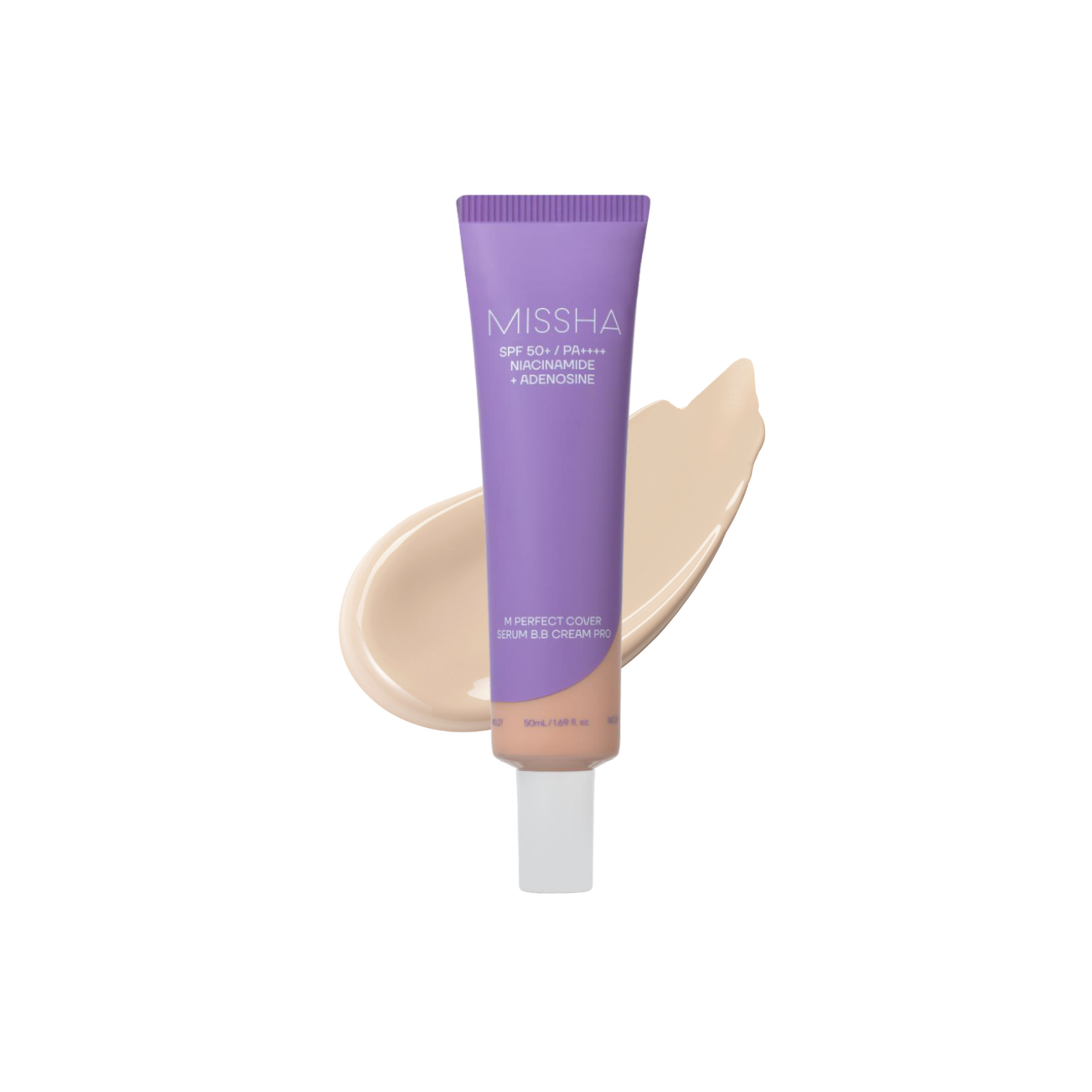 Missha M Perfect Cover Serum BB Cream 50ml tube, smooth texture and natural finish on a neutral background.
