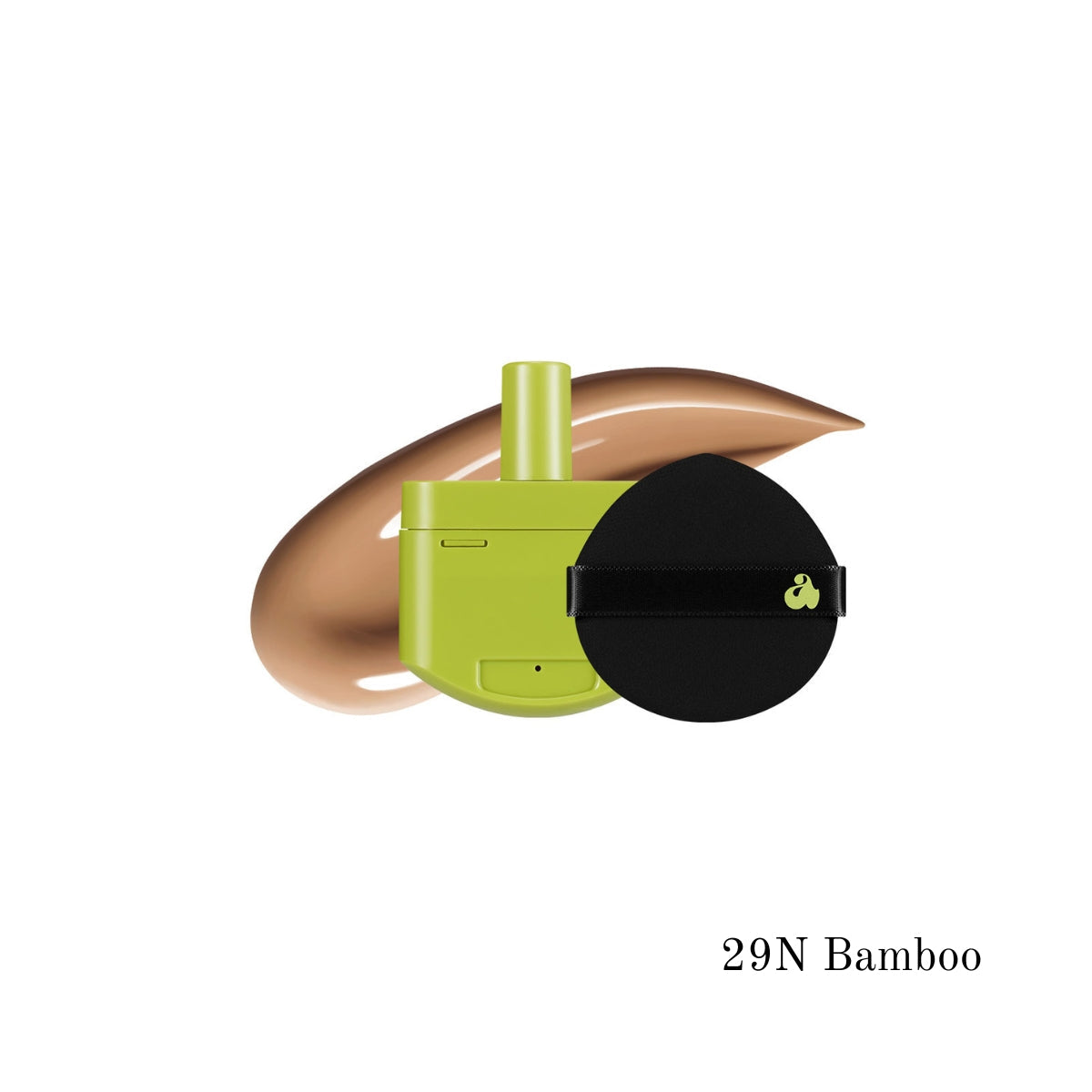 Unleashia Satin Wear Healthy-Green Cushion Foundation compact with cushion sponge and mirror, showcasing its sleek green packaging.