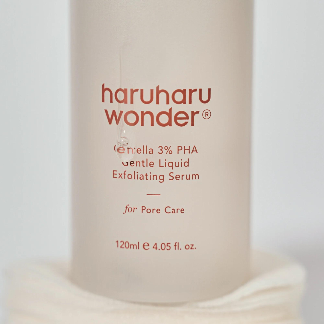 Haruharu Wonder Centella 3% PHA gentle exfoliating serum in a 120ml bottle, featuring clear liquid with a dropper applicator.
