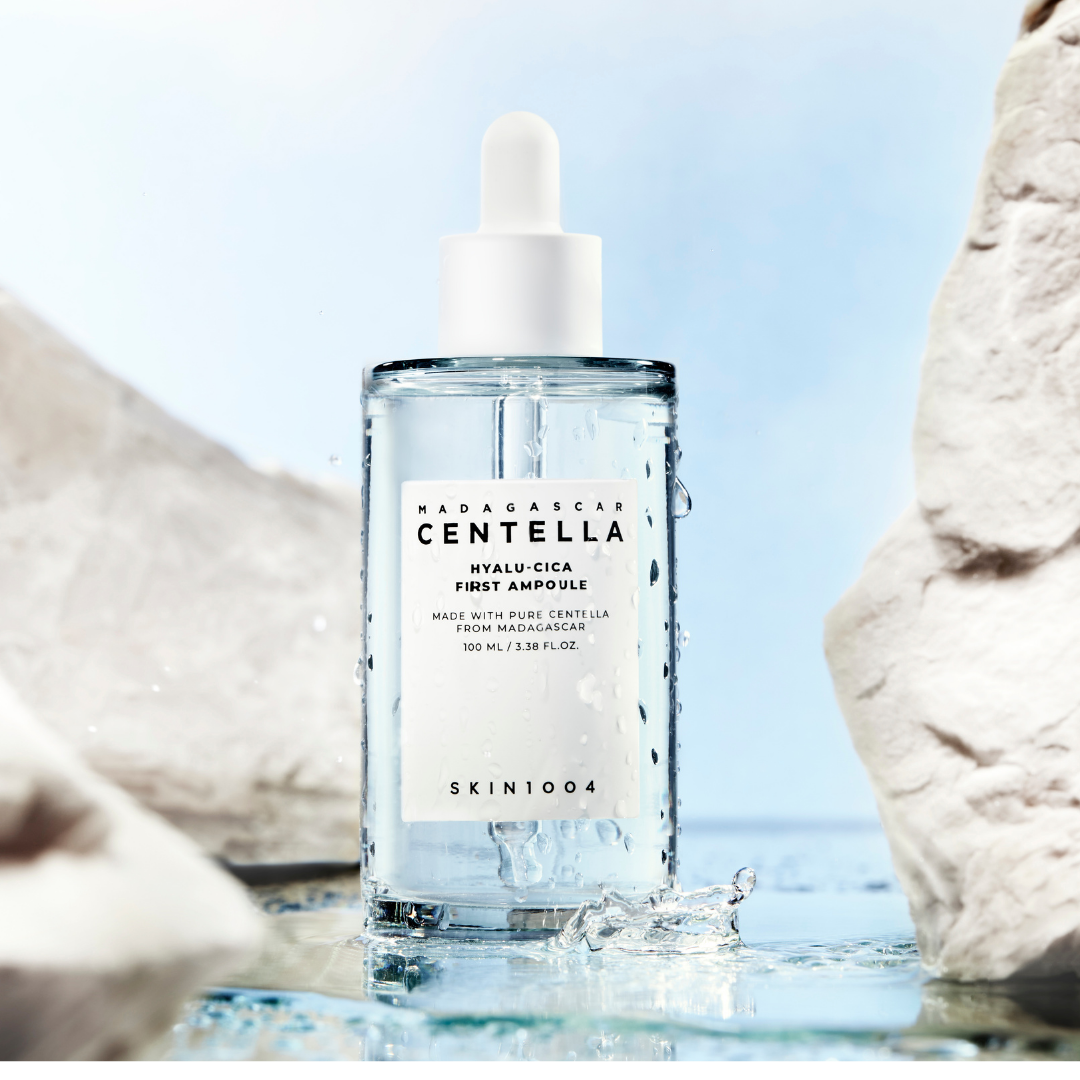 SKIN1004 Madagascar Centella Hyalu-Cica First Ampoule in a clear glass bottle with a dropper for skincare treatment.