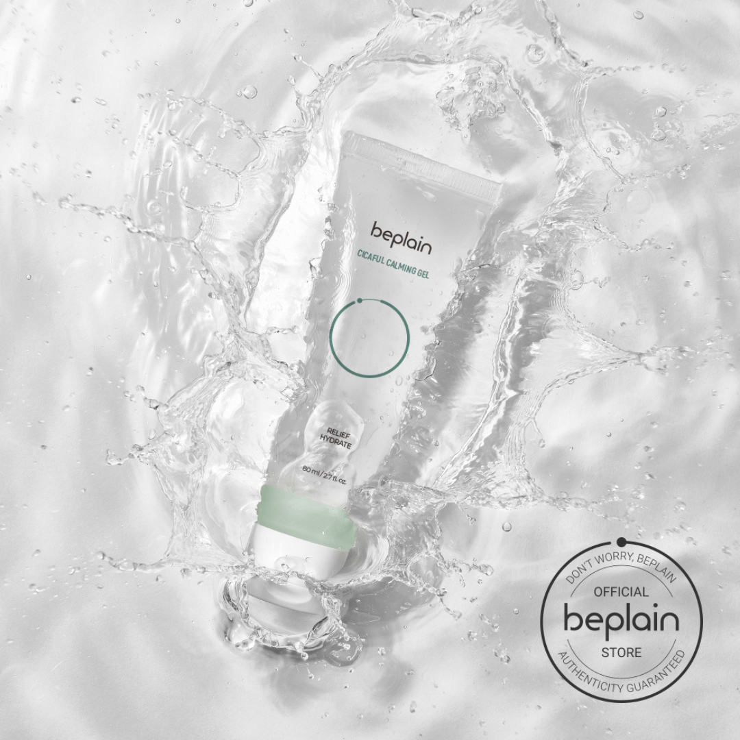 Beplain Cicaful Calming Gel face moisturiser tube and packaging on a clean background