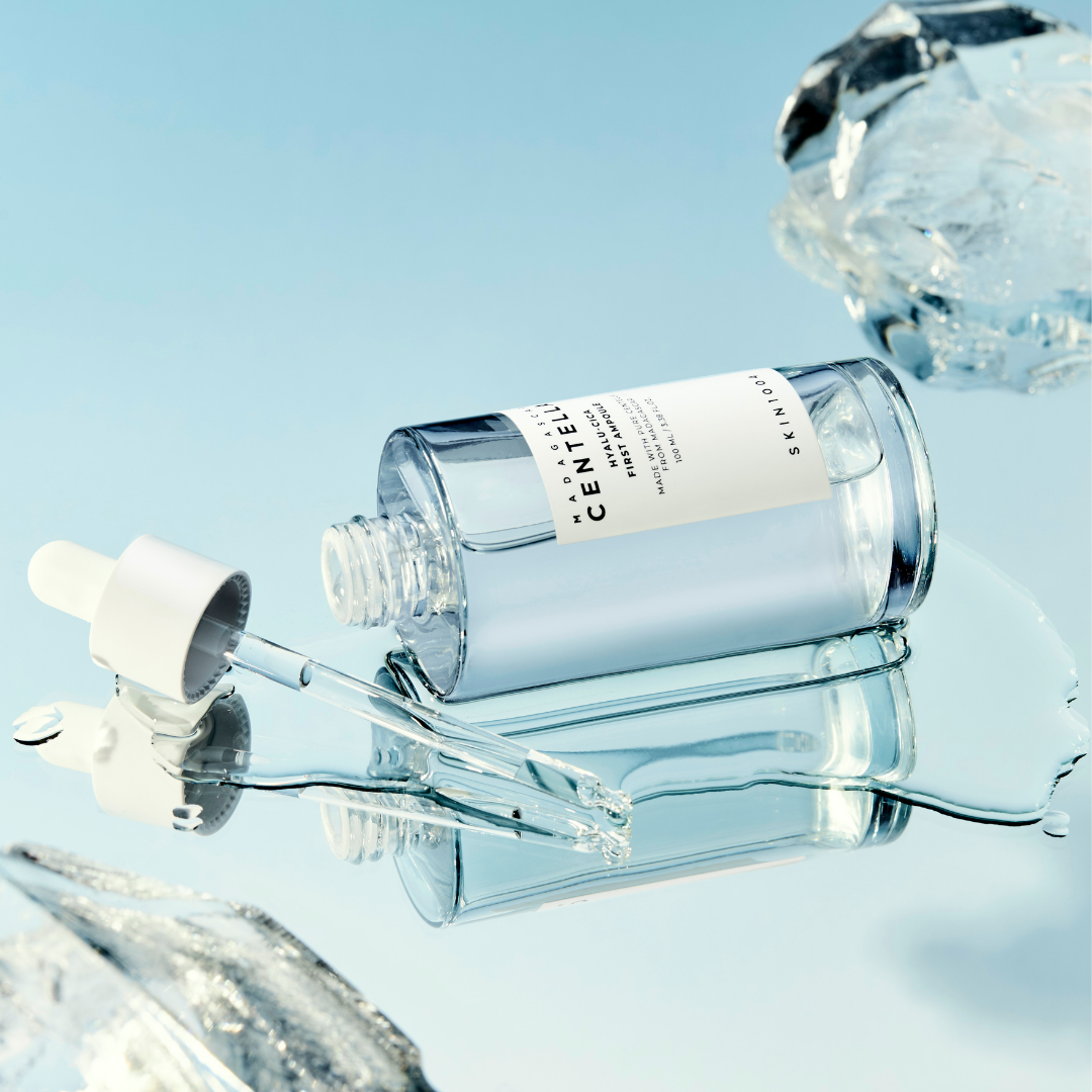 SKIN1004 Madagascar Centella Hyalu-Cica First Ampoule bottle with dropper, clear liquid, and label showing product details.
