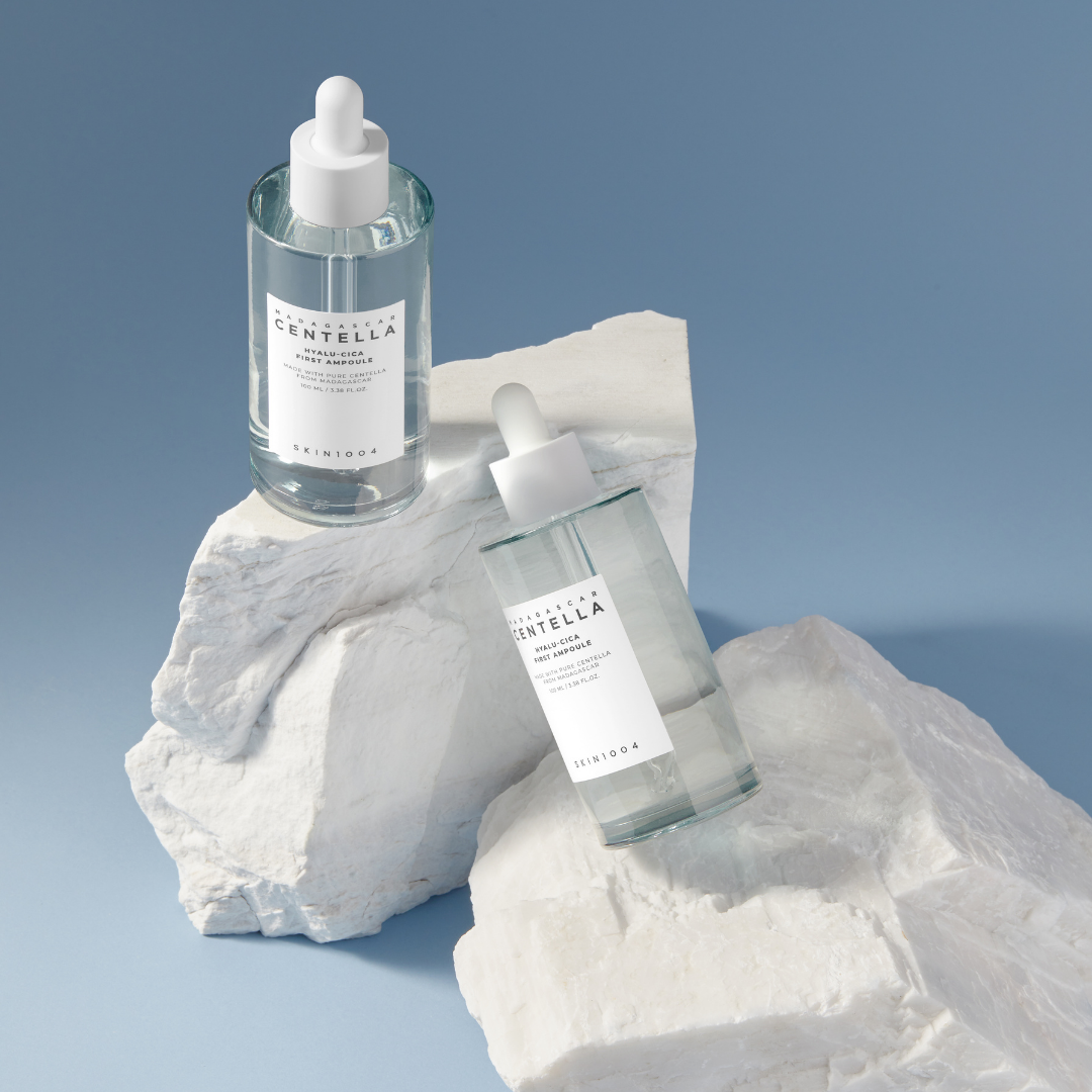 SKIN1004 Madagascar Centella Hyalu-Cica First Ampoule bottle with clear serum inside, designed for skincare and hydration.