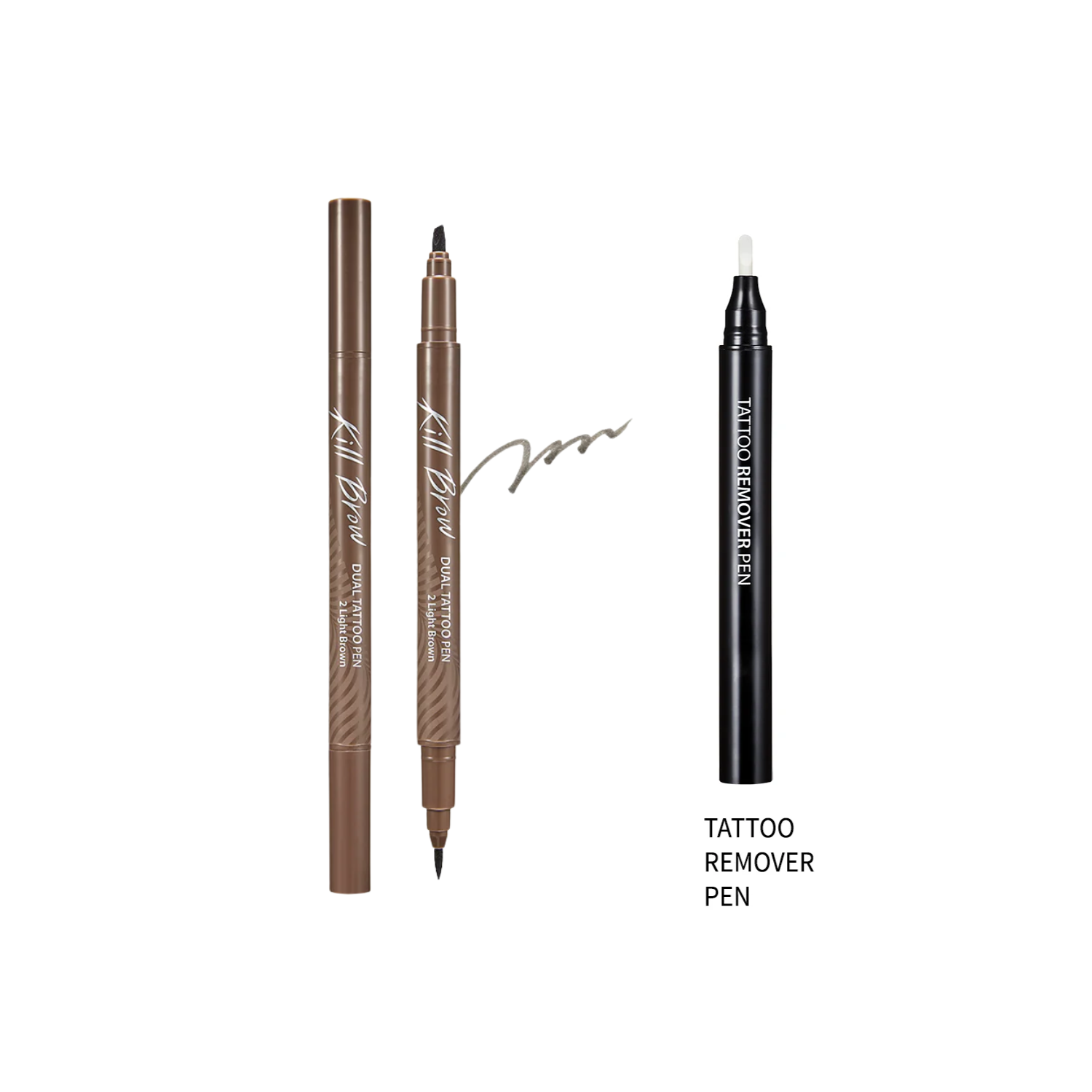 Clio Kill Brow Dual Tattoo Pen Set for eyebrows with two pens in black and brown for precise, natural-looking eyebrow enhancement.