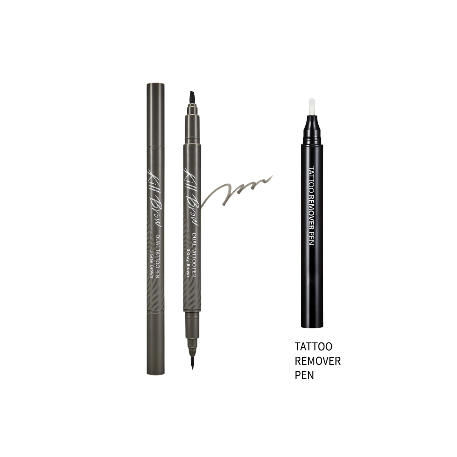 Clio Kill Brow Dual Tattoo Pen Set for eyebrows, featuring dual-ended pens with precise tip and bold pigment for natural-looking brows.
