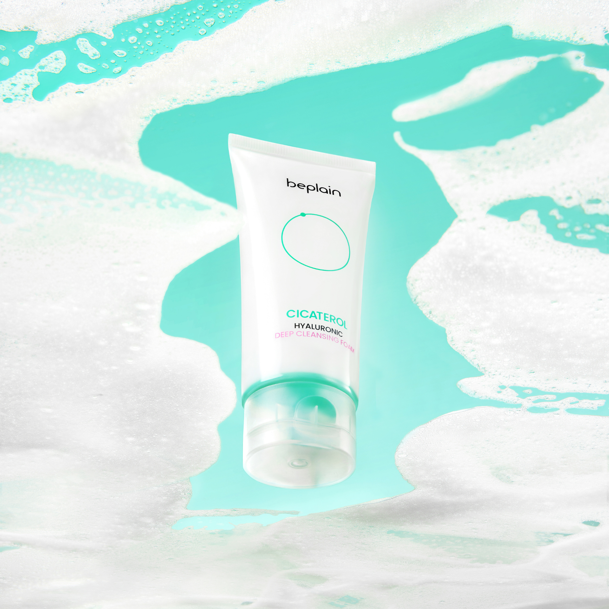 Beplain Cicaterol Hyaluronic Deep Cleansing Foam gel in a 120ml bottle, with foam and clear packaging visible.