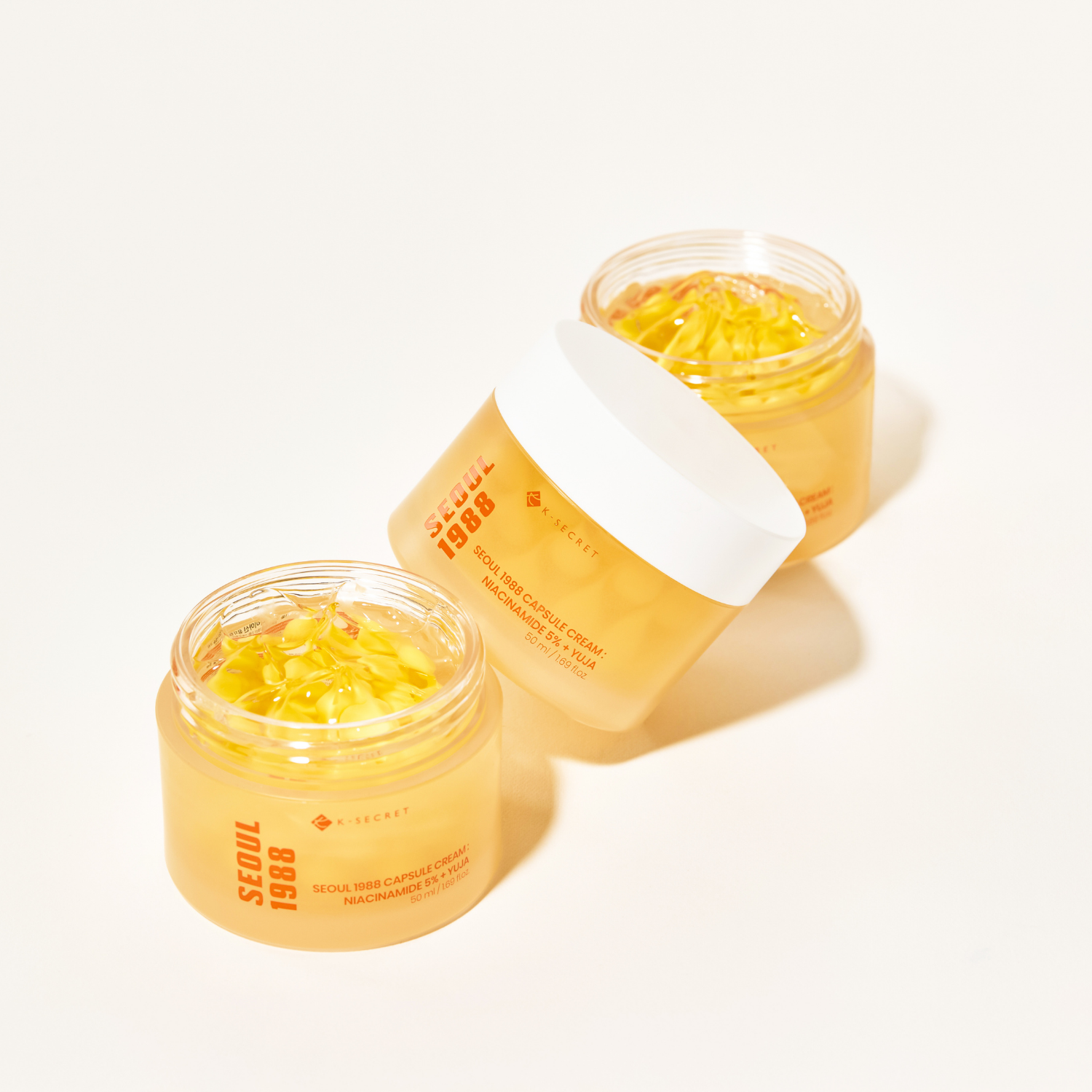 K-Secret Seoul 1988 Capsule Cream face moisturizer with Niacinamide 5% and Yuja, 50ml jar with the product label and lid.