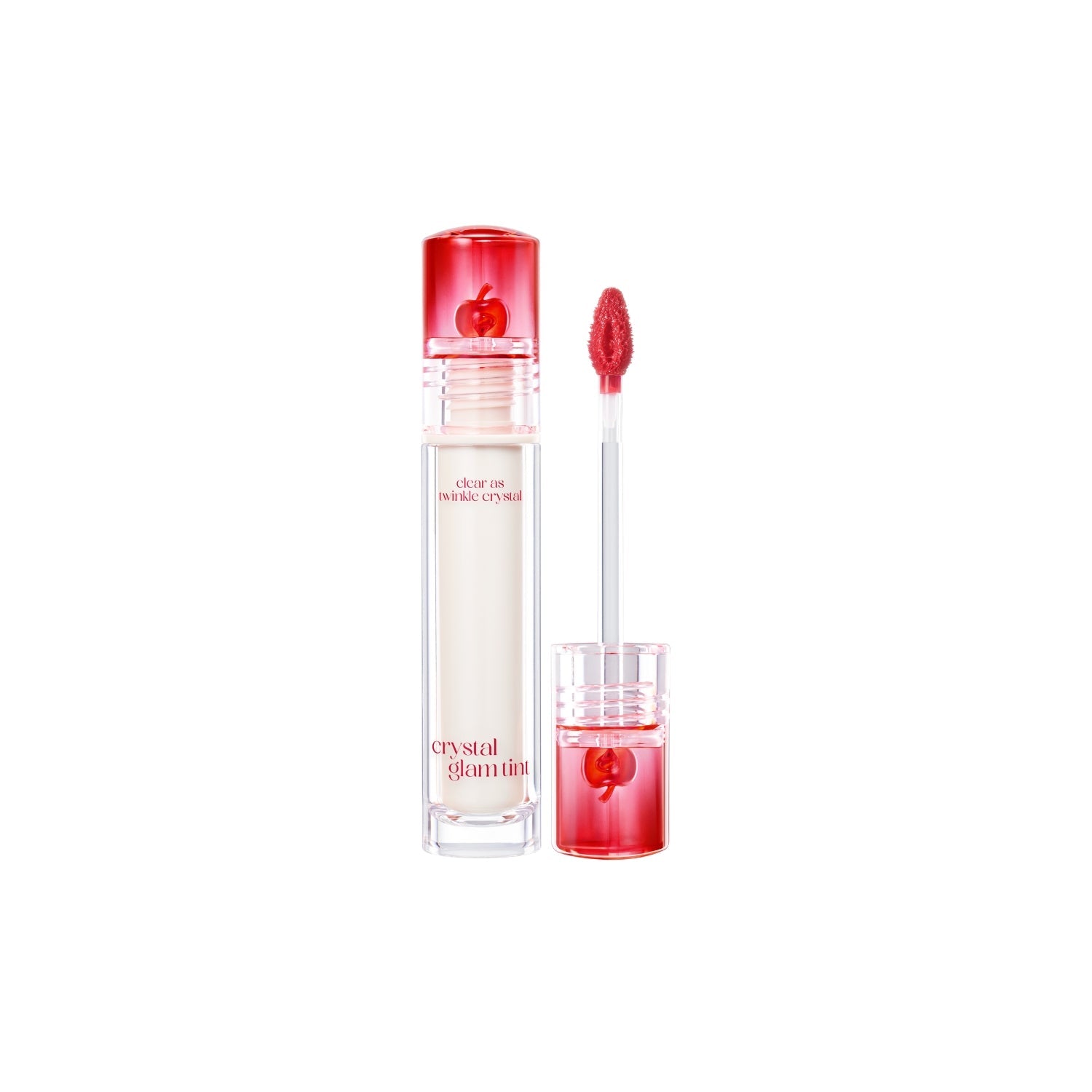 Clio Crystal Glam Lip Tint in a sleek tube, showcasing the vibrant, glossy lip color with a shiny finish.