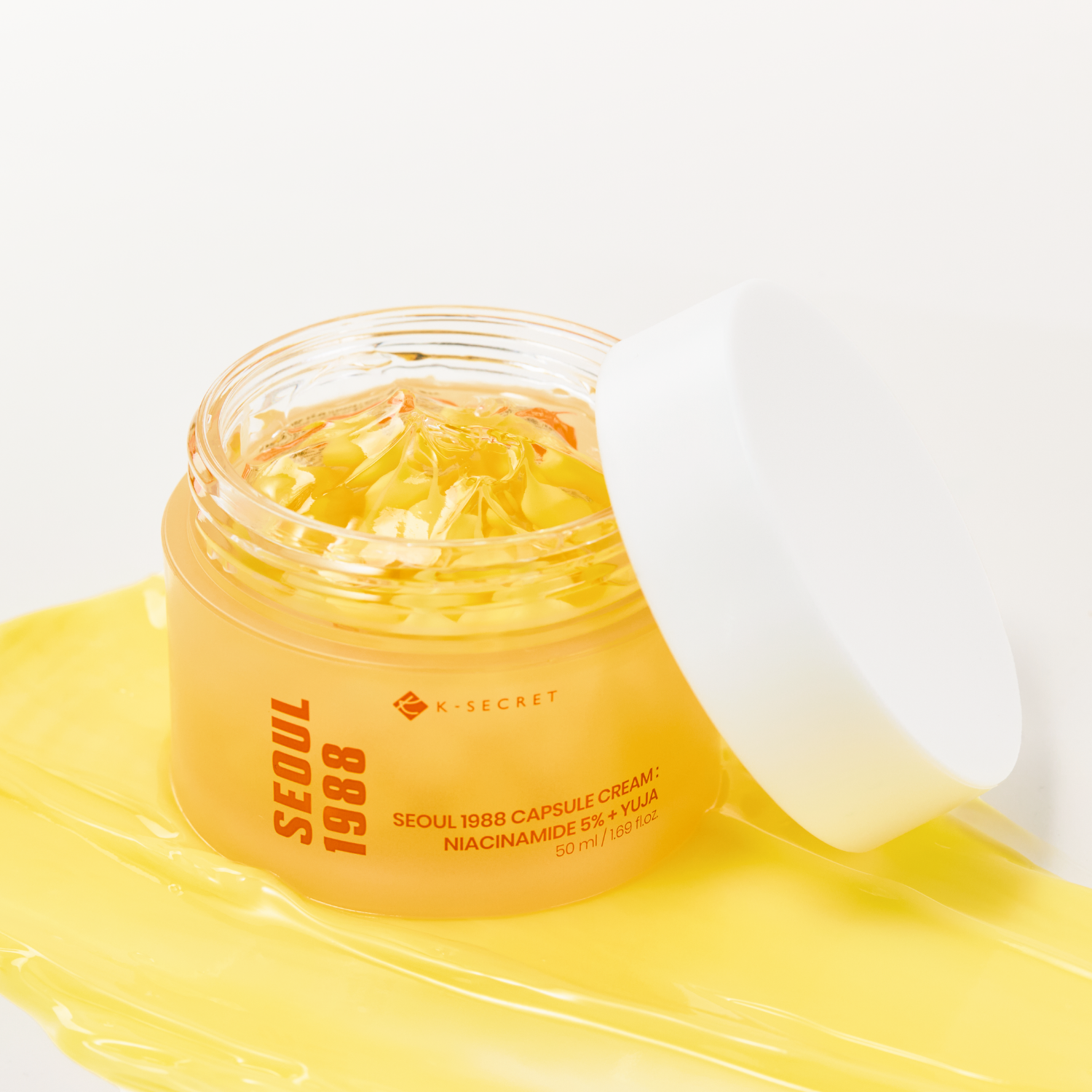 Seoul 1988 Capsule Cream face moisturizer by K-Secret with Niacinamide 5% and Yuja, 50ml bottle with cream inside.