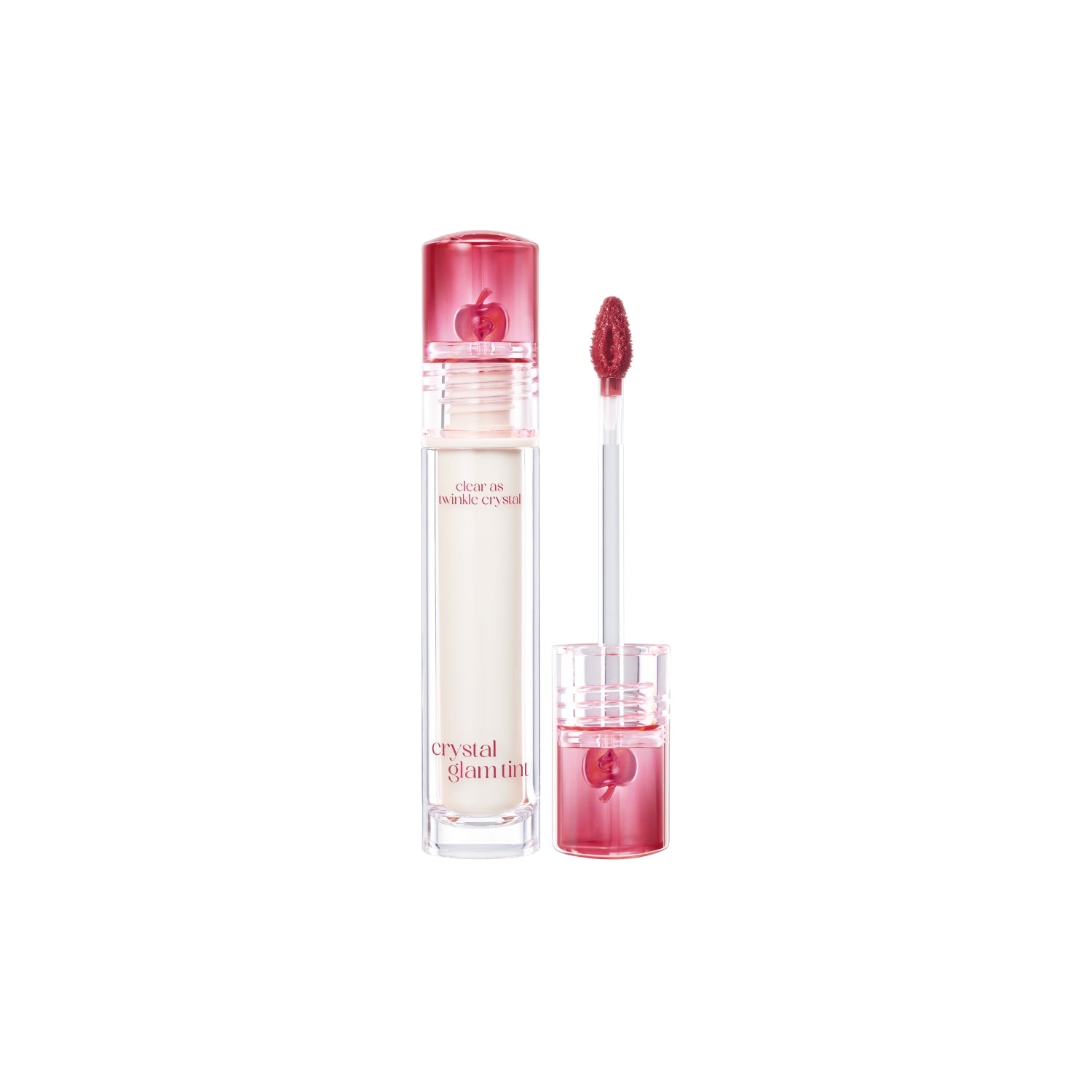Clio Crystal Glam Lip Tint tube with clear cap and pinkish hue, showcasing the glossy, shimmering lip tint product.