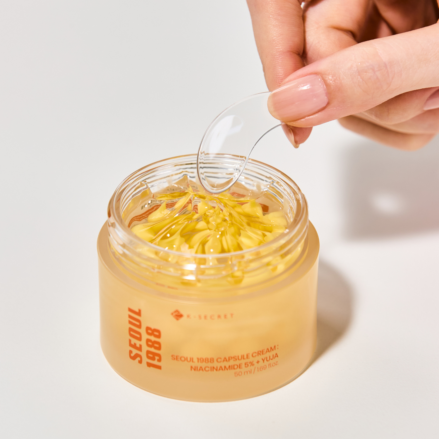 K-Secret Seoul 1988 Capsule Cream face moisturizer with Niacinamide 5% and Yuja, 50ml jar with cream inside.