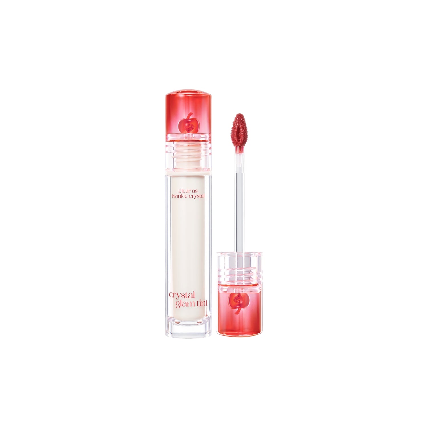 Clio Crystal Glam Tint lip tint in a shiny, transparent tube with a pinkish-red shade visible through the packaging.