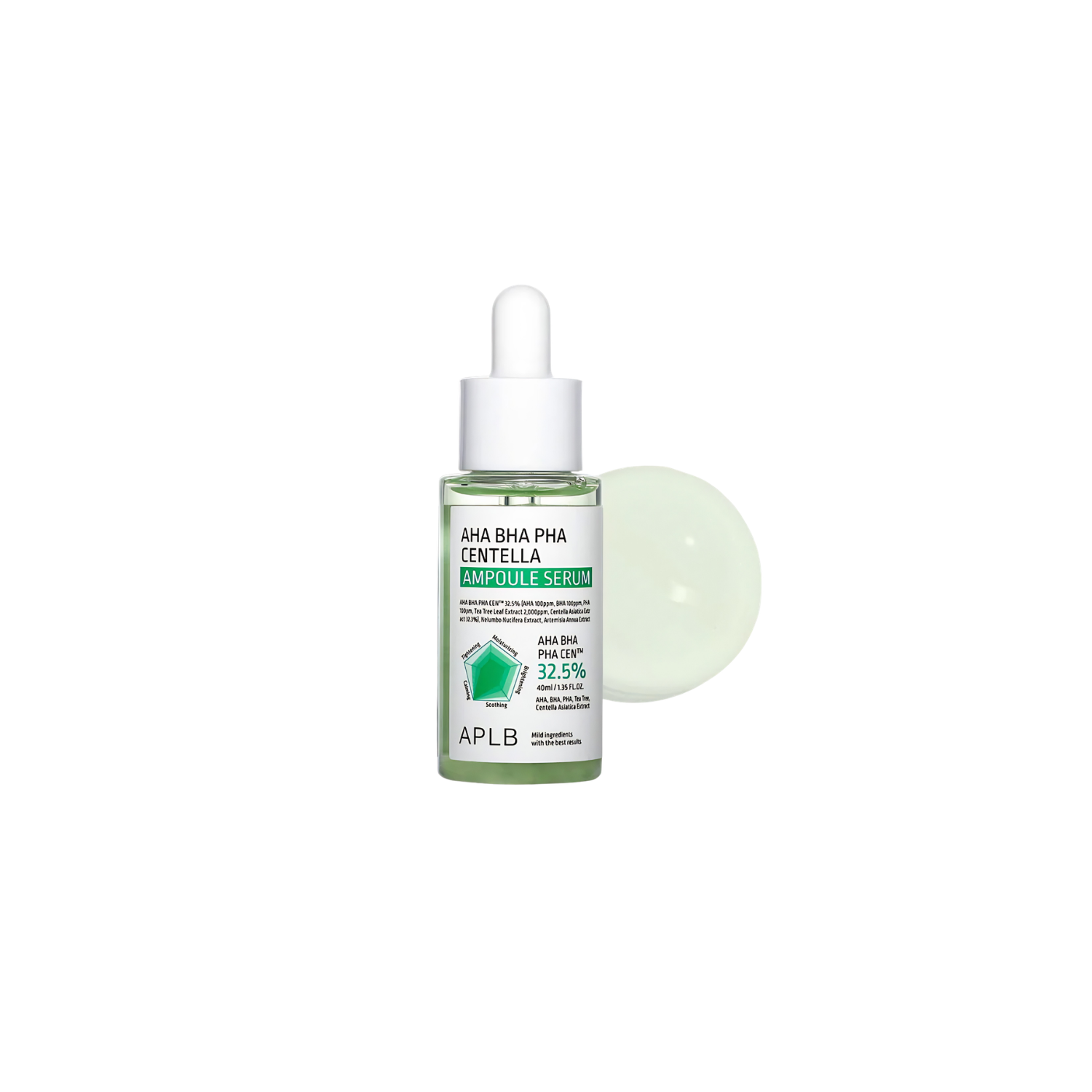 A 40ml bottle of APLB AHA BHA PHA Centella Ampoule Serum with a white pump dispenser and clear glass container.