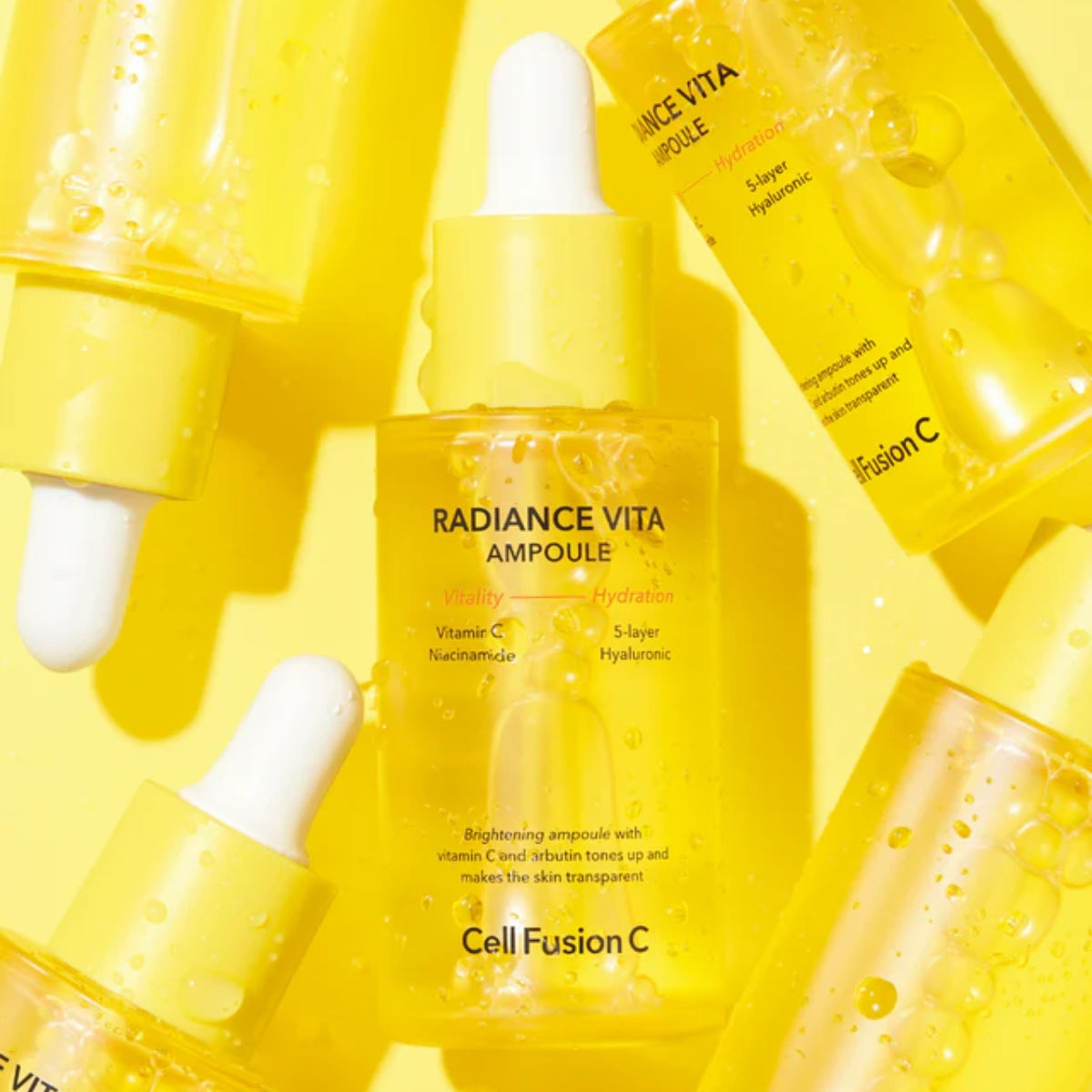 Cell Fusion C Radiance Vita Ampoule 30ml with brightening serum in a clear glass bottle on a white background.