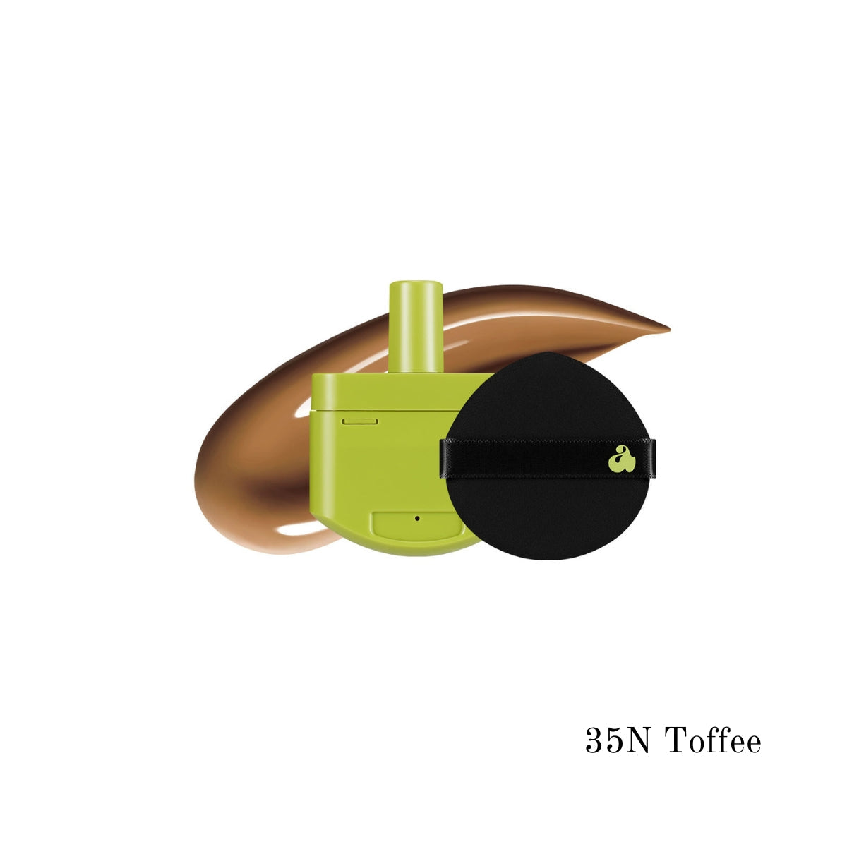 Unleashia Satin Wear Healthy-Green Cushion foundation in open compact with green packaging and applicator sponge visible.