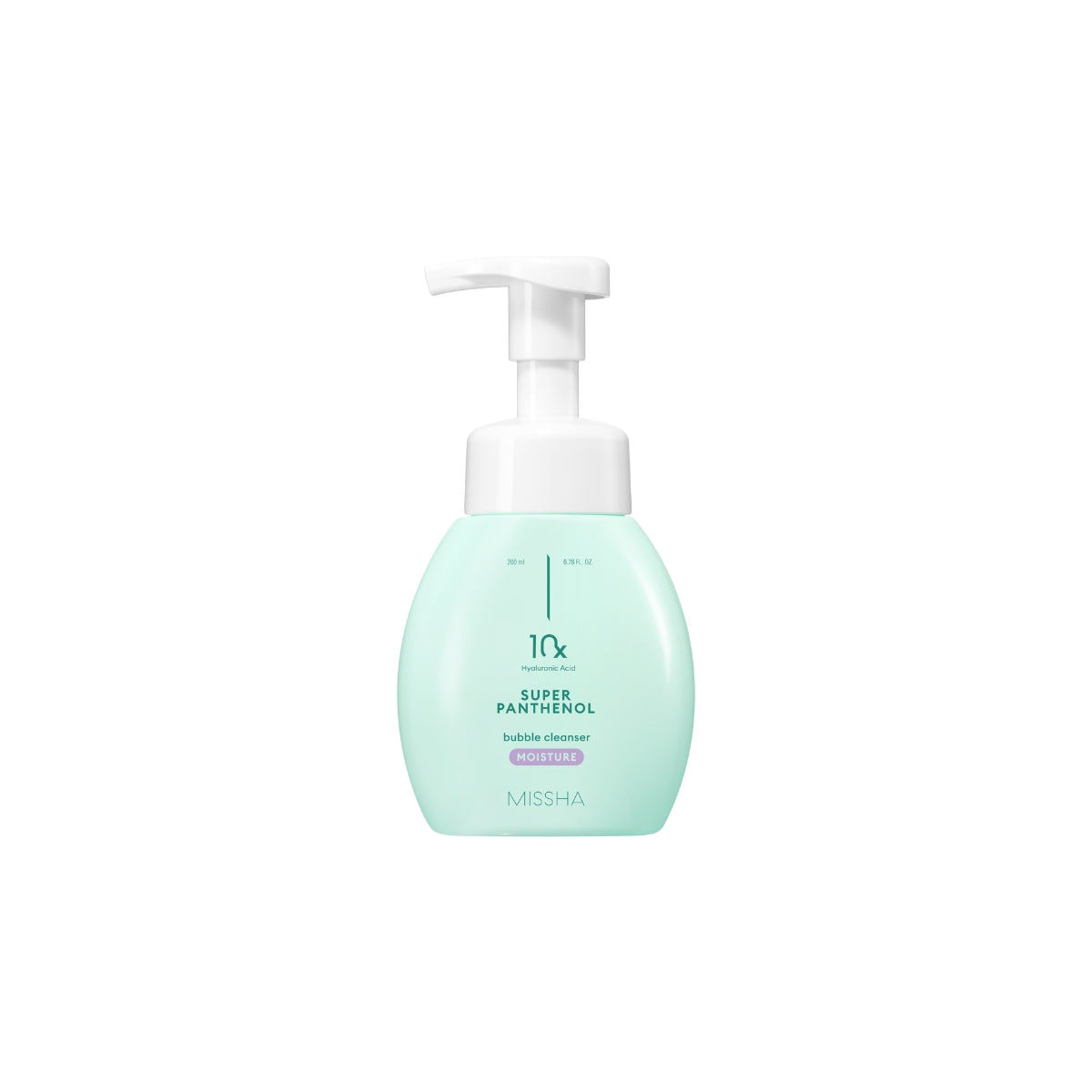 Missha Super Panthenol Bubble Cleanser gel and foam, 200ml, featuring a clear bottle with a pump dispenser and bubbly foam.