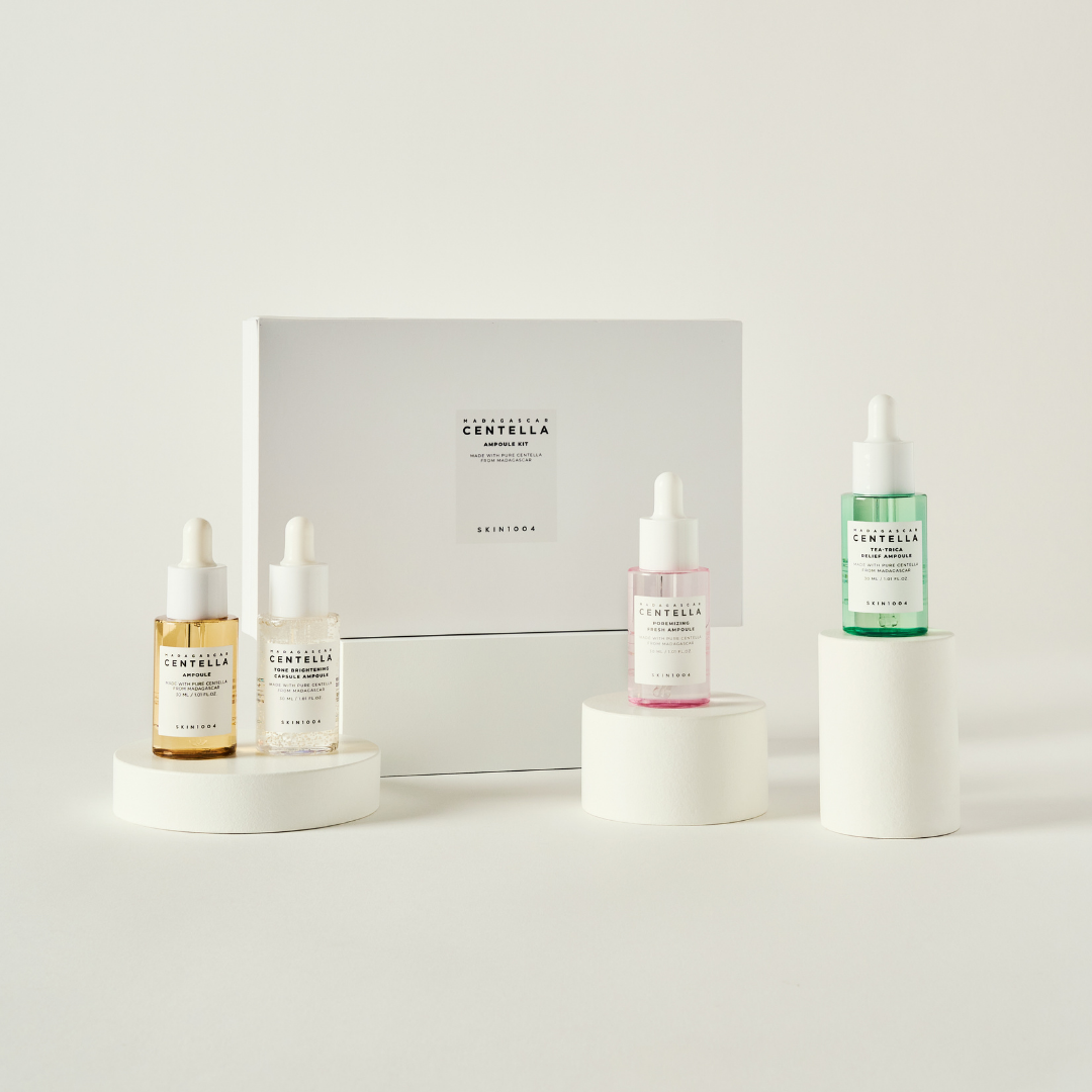 SKIN1004 Madagascar Centella Ampoule Kit with bottles and packaging, featuring natural ingredients and skincare product display.