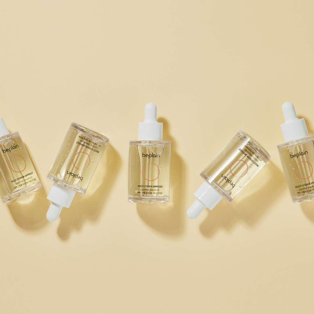 Beplain Multi Vitamin Ampoule 30ml in a clear glass bottle with dropper for nourishing skin care.