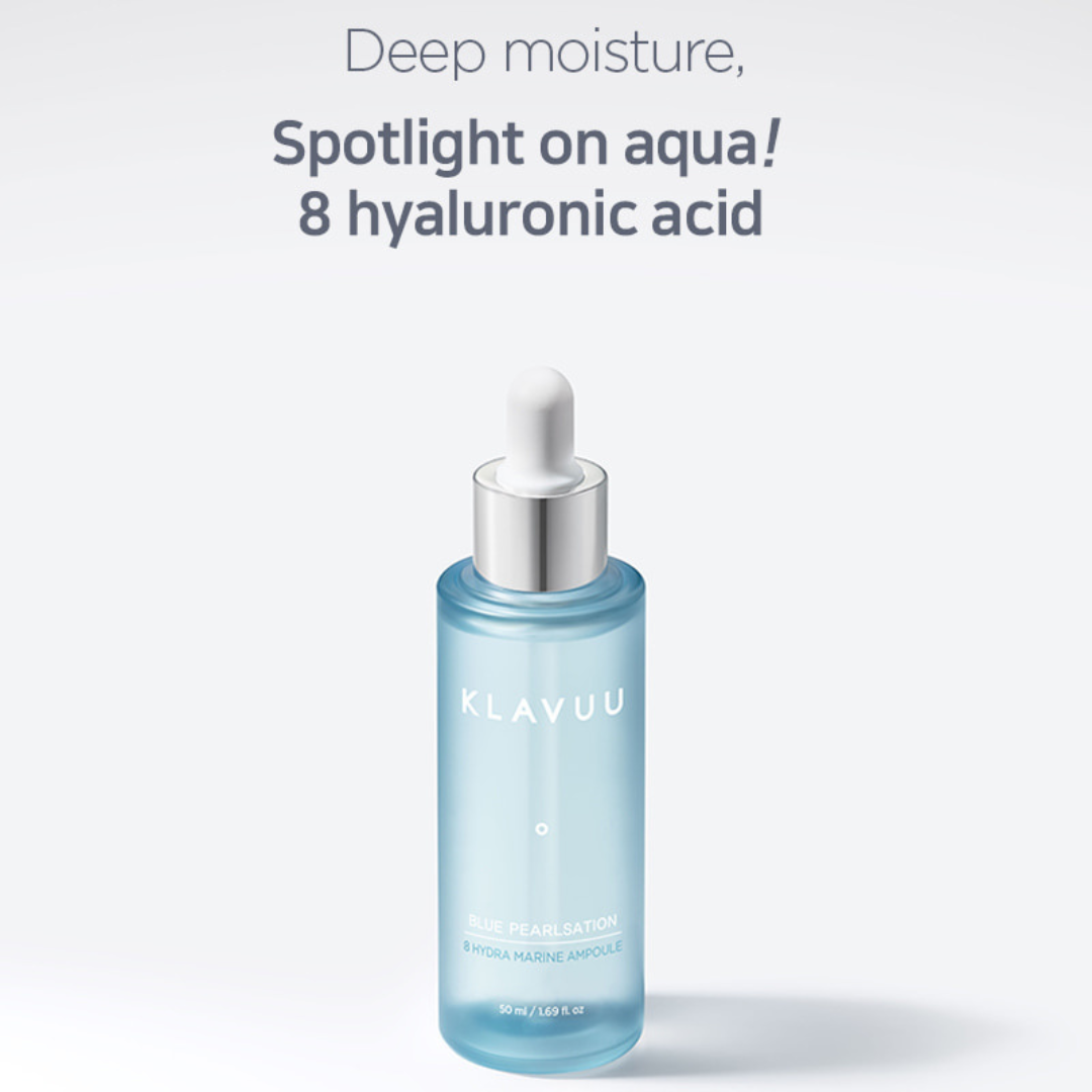 Klavuu Blue Pearlsation 8 Hydra Marine Ampoule 50ml bottle with blue and white packaging and an elegant dropper cap.