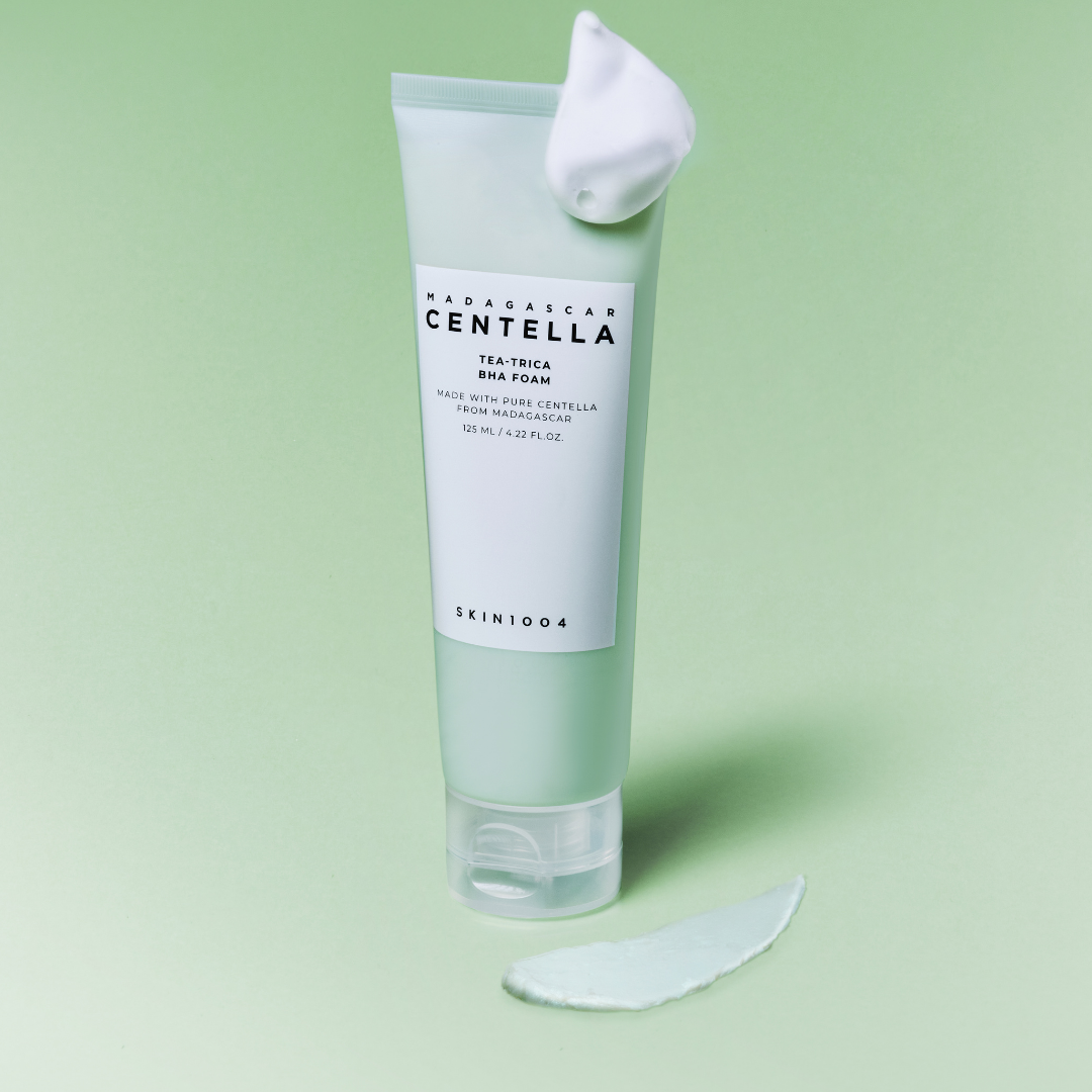 SKIN1004 Madagascar Centella Tea-trica BHA foam cleanser in a 125ml tube, gentle gel and foam formula for clear skin.