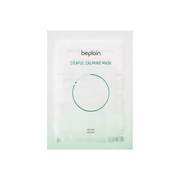 Beplain Cicaful Calming Sheet Mask with soothing ingredients, shown on a skincare surface, designed for calming and hydrating skin.