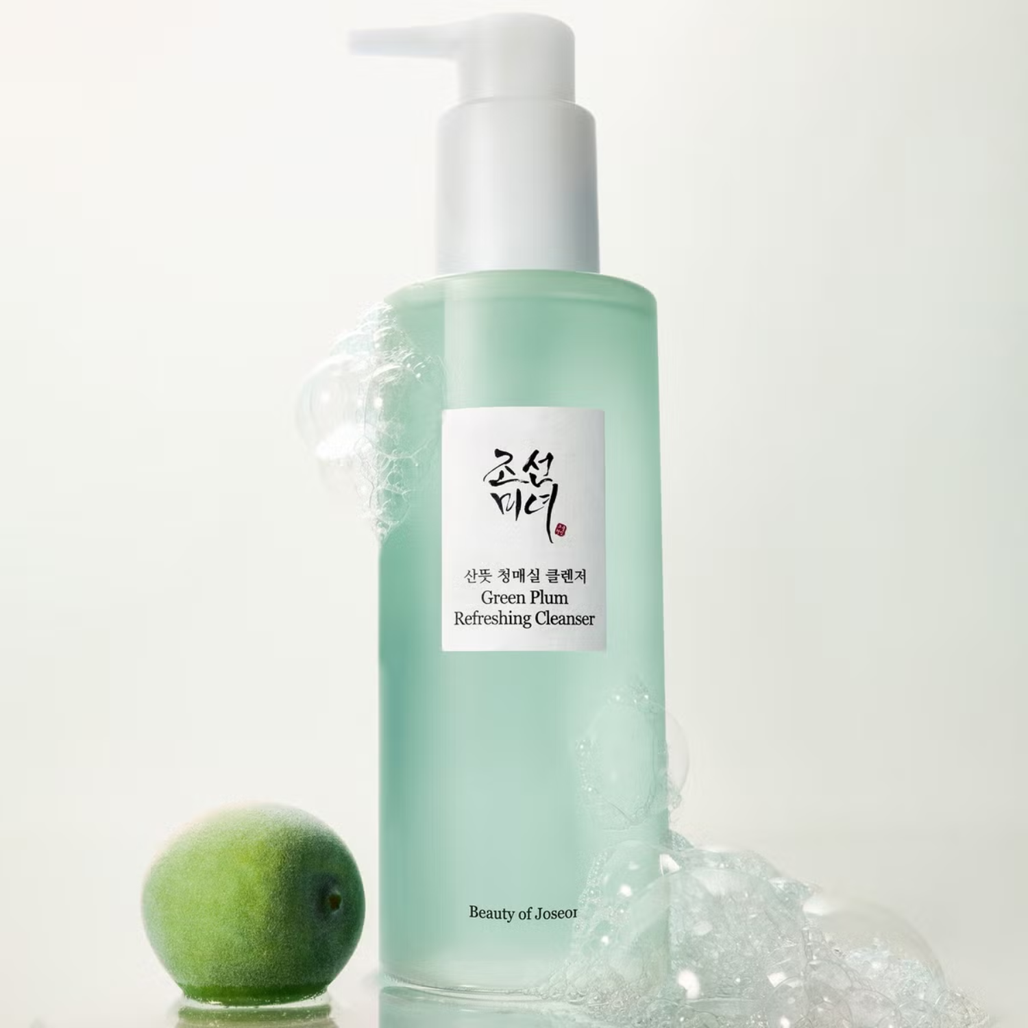 Beauty of Joseon Green Plum Refreshing Gel and Foam Cleanser in a sleek bottle with a green and white label.