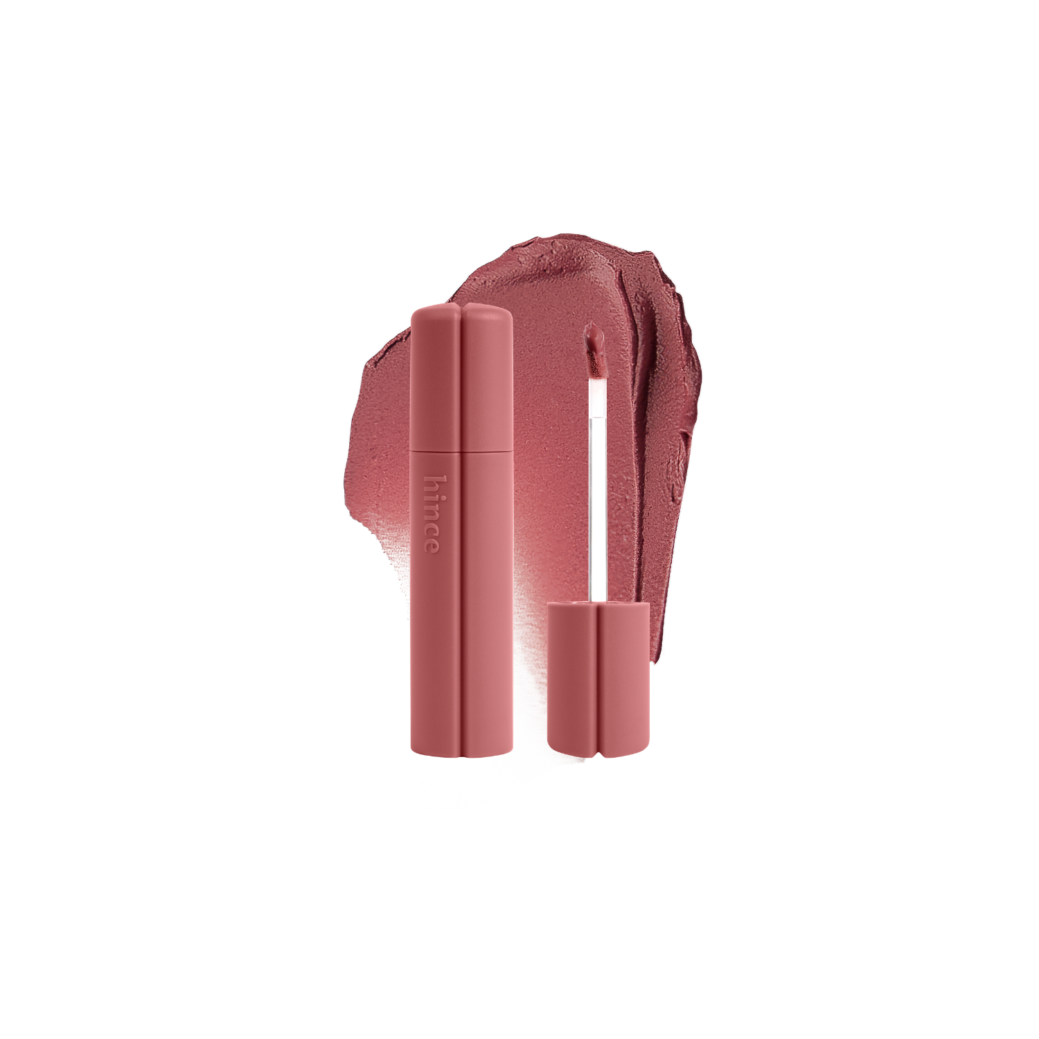 Hince Nu Blur Tint lip tint in a natural shade, showing the product tube with a close-up of the tinted lip color on lips.