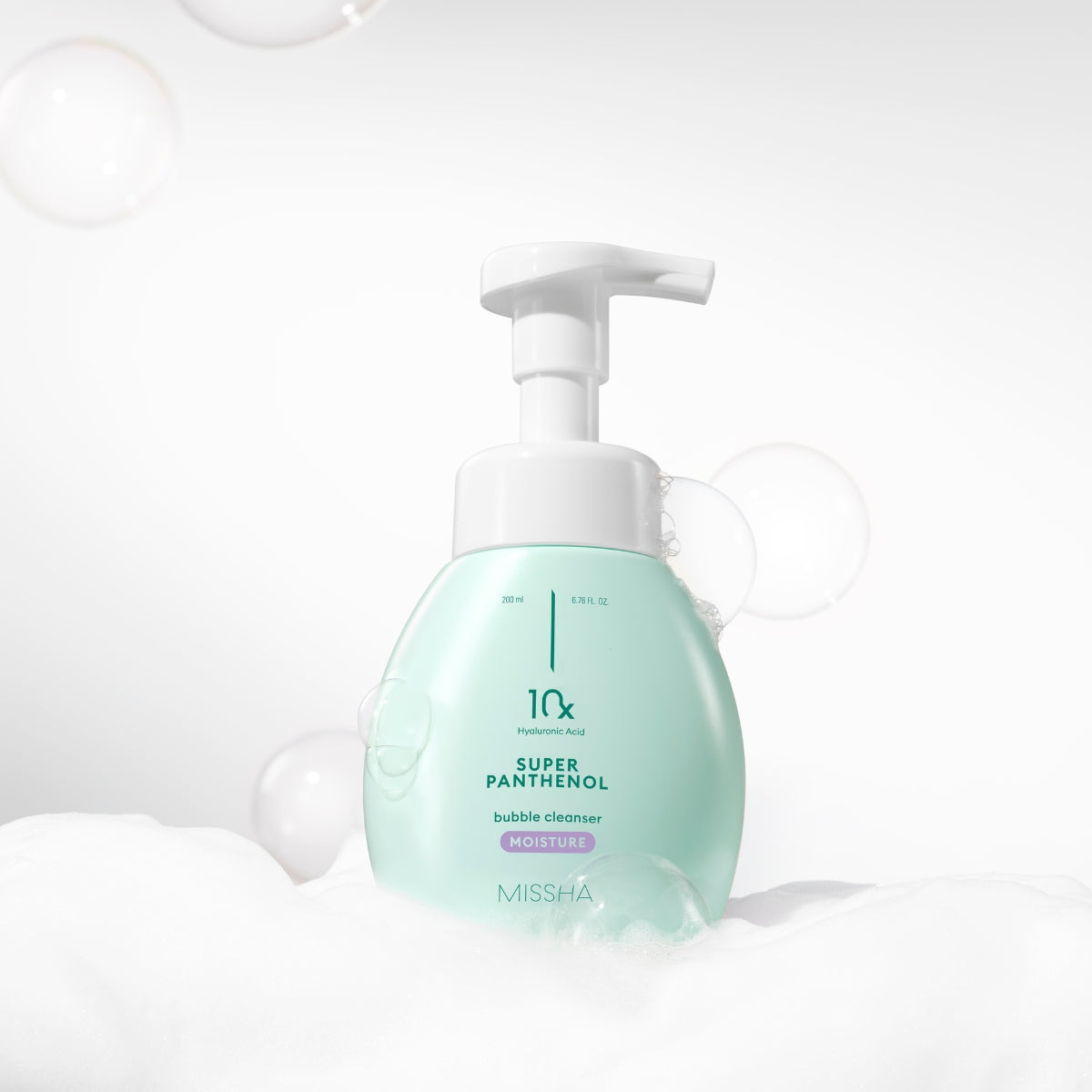 Missha Super Panthenol Bubble Cleanser Gel and foam texture in a 200ml bottle, designed for gentle facial cleansing and hydration.