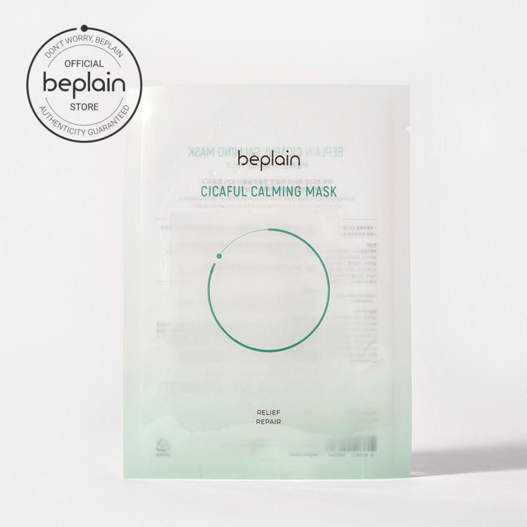 Beplain Cicaful Calming Sheet Mask with soothing ingredients, shown on a white background for calming skincare.