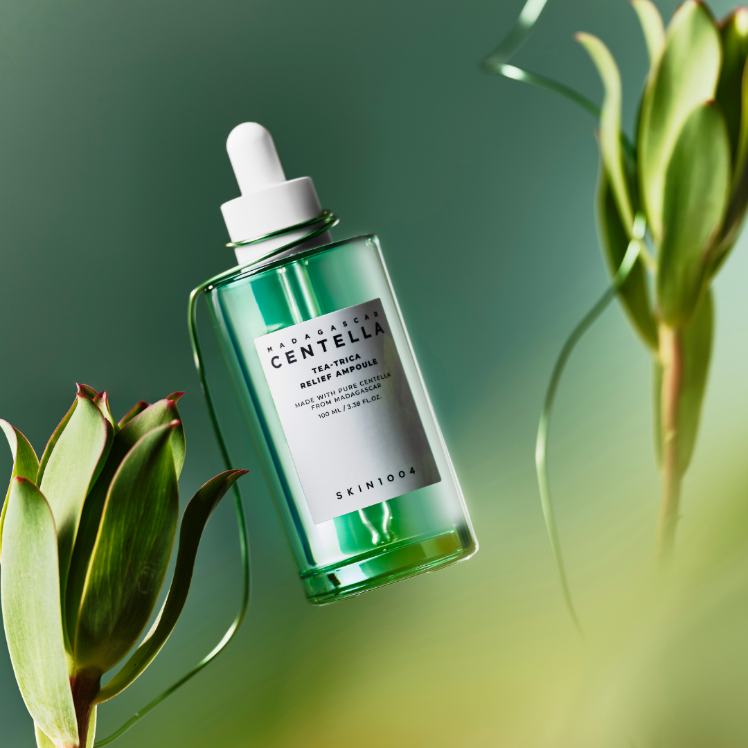 SKIN1004 Madagascar Centella Tea-Trica Relief Ampoule 100ml bottle with a clear liquid inside and a minimalist label.