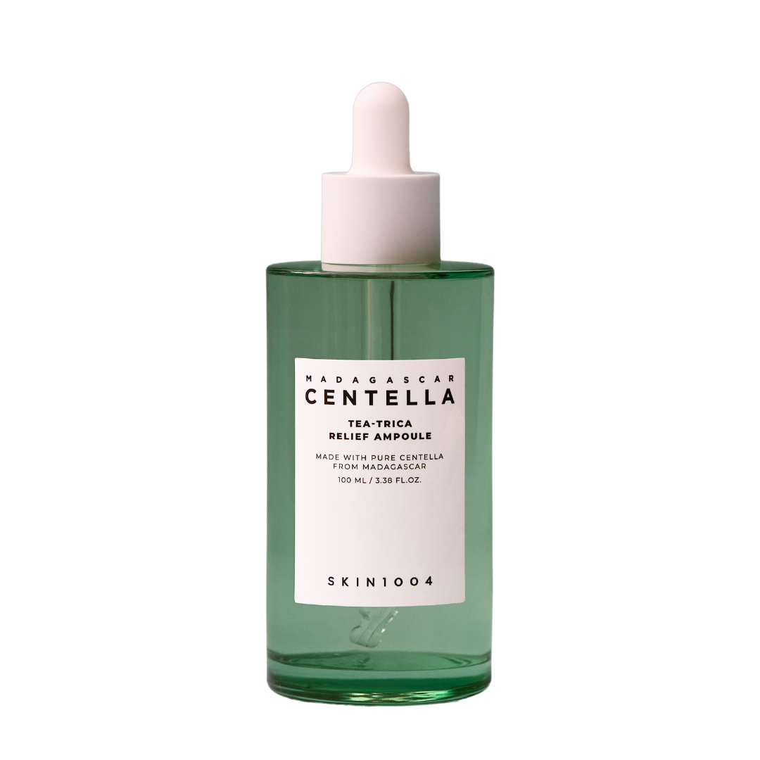SKIN1004 Madagascar Centella Tea-Trica Relief Ampoule 100ml bottle with clear label and white cap, skincare product for soothing skin.