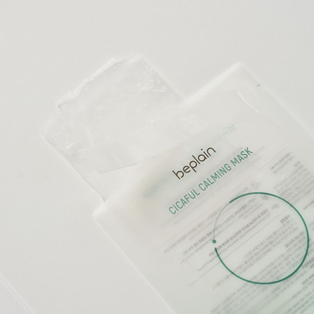 Beplain Cicaful Calming Sheet Mask shown on a white background, featuring a soothing skincare mask in a sealed package.