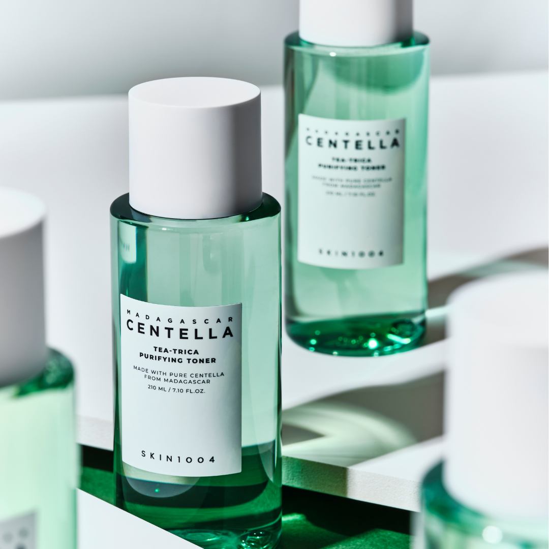 SKIN1004 Madagascar Centella Tea-Trica Purifying Toner in a 210ml bottle, featuring clear liquid and minimalist packaging.